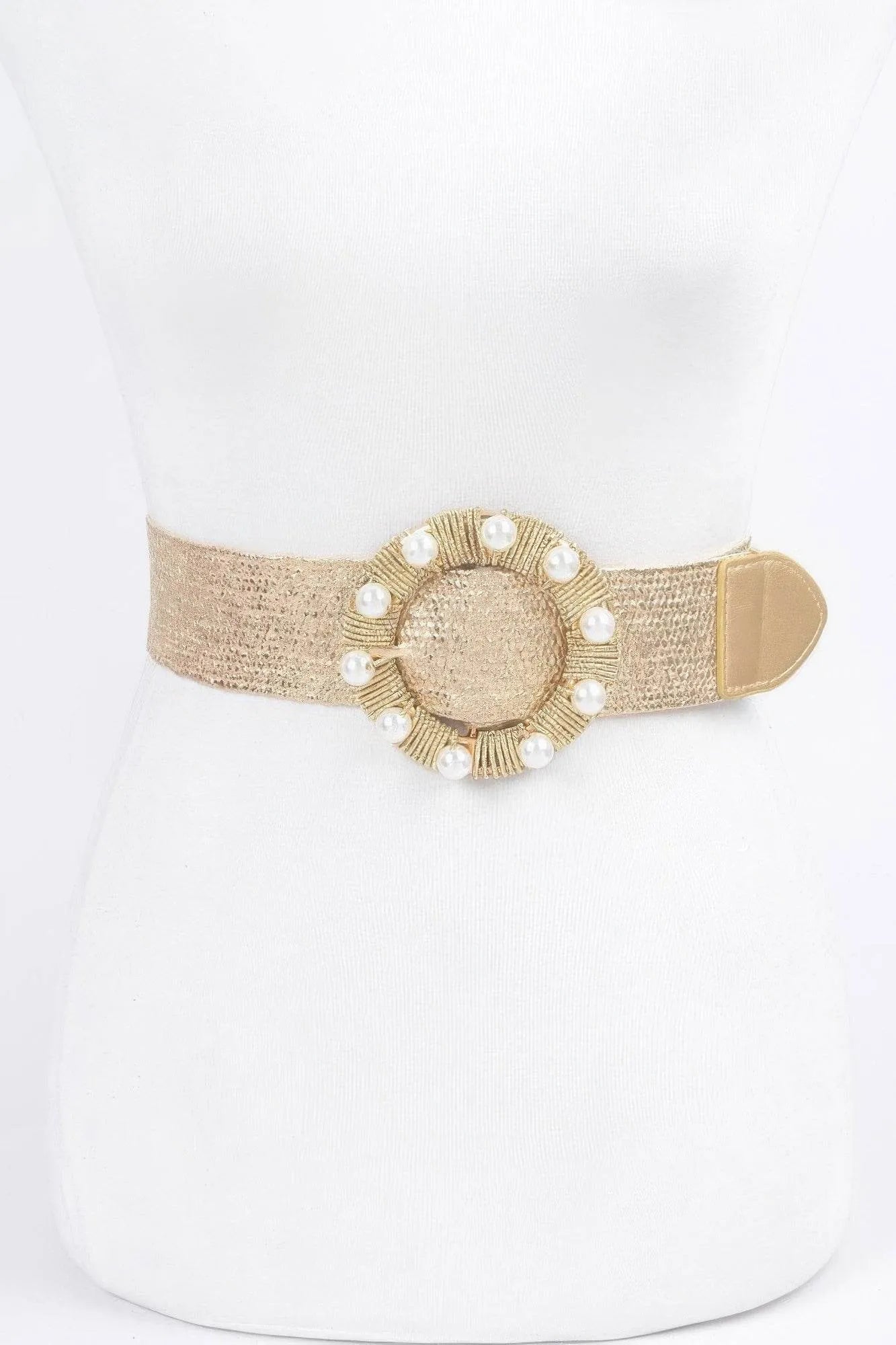Metallic Stretch Belt W/pearl Metal Bucklt - Bona Fide Fashion