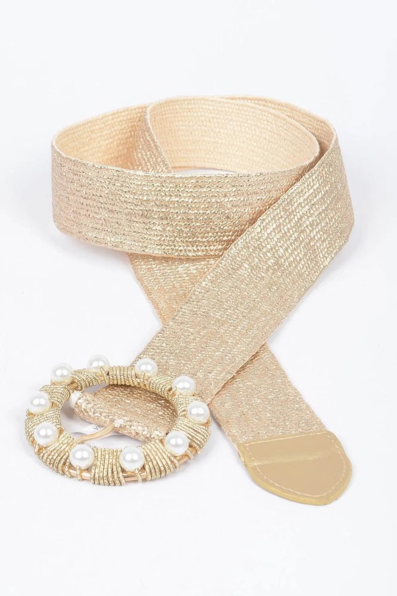 Metallic Stretch Belt W/pearl Metal Bucklt - Bona Fide Fashion