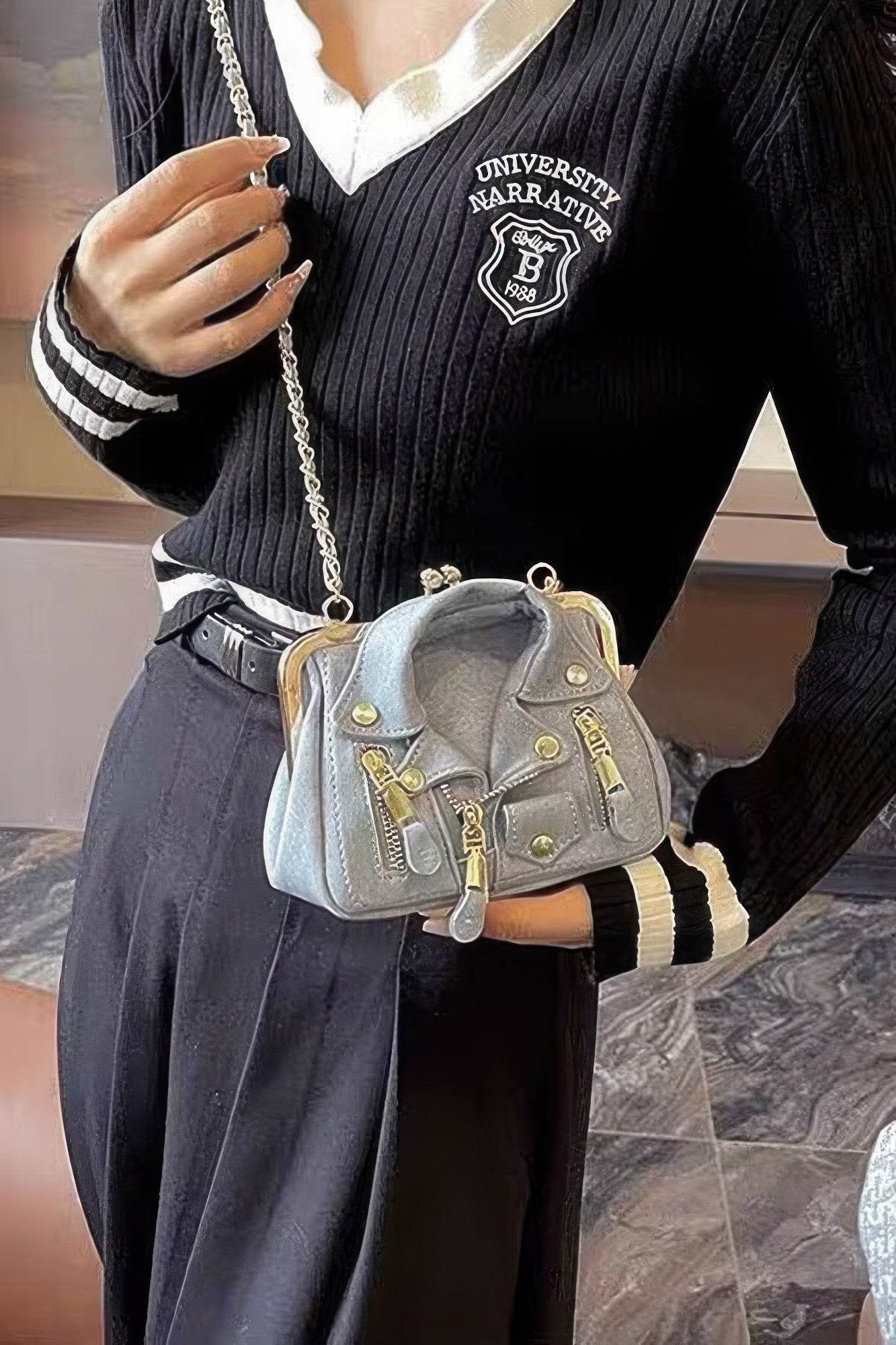 Faux Denim Leather Jacket Style Crossbody Bag - Bona Fide Fashion