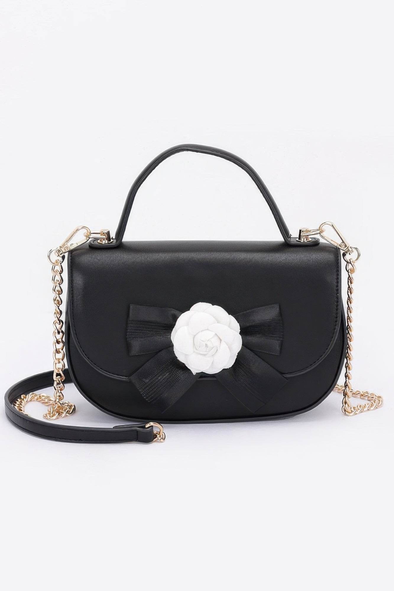 Faux Leather Flower Ribbon Top Handle Flap Bag - Bona Fide Fashion
