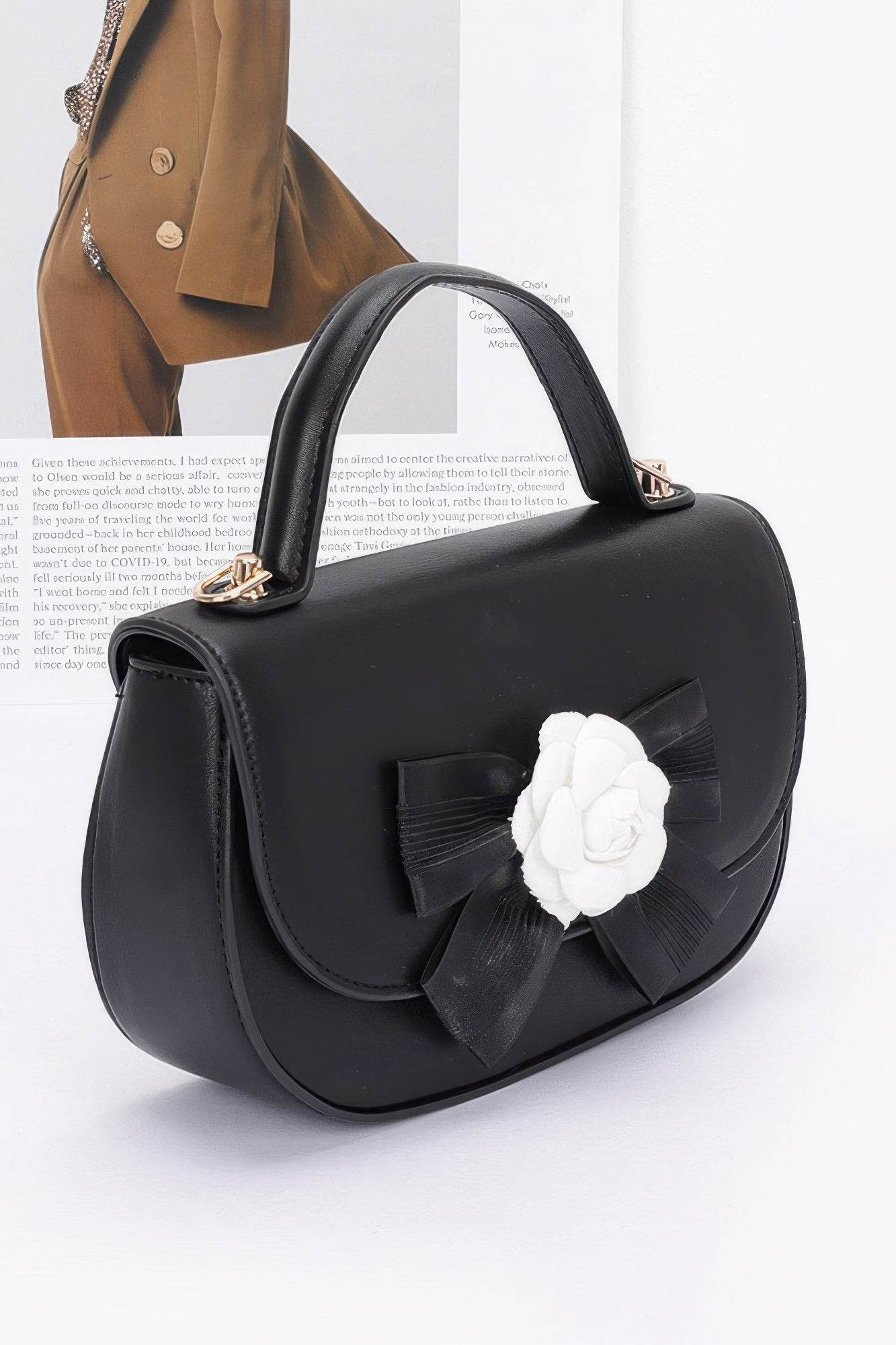 Faux Leather Flower Ribbon Top Handle Flap Bag - Bona Fide Fashion