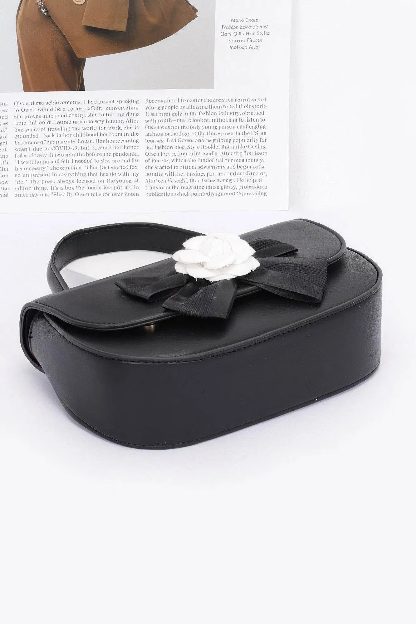 Faux Leather Flower Ribbon Top Handle Flap Bag - Bona Fide Fashion