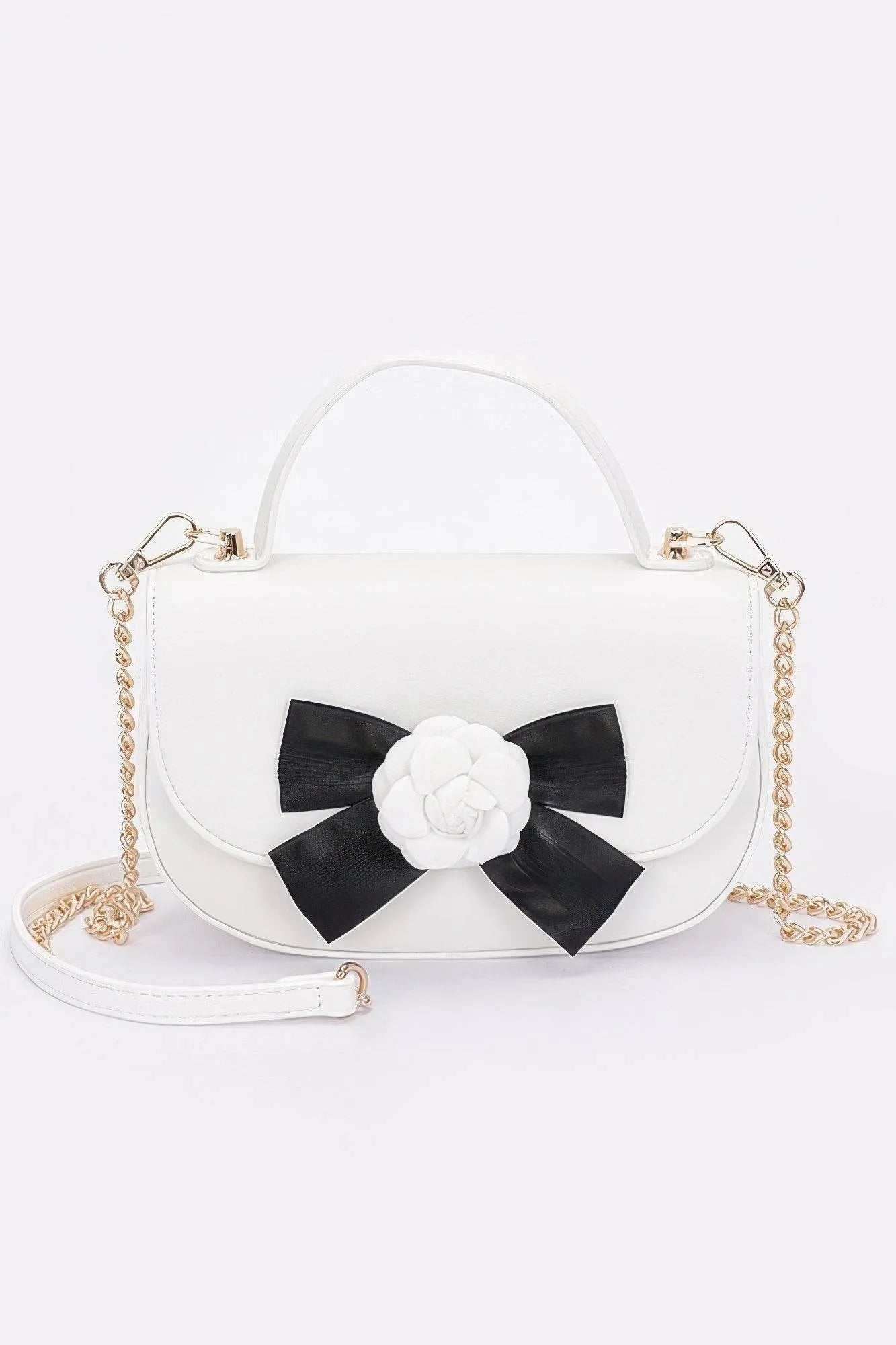 Faux Leather Flower Ribbon Top Handle Flap Bag - Bona Fide Fashion