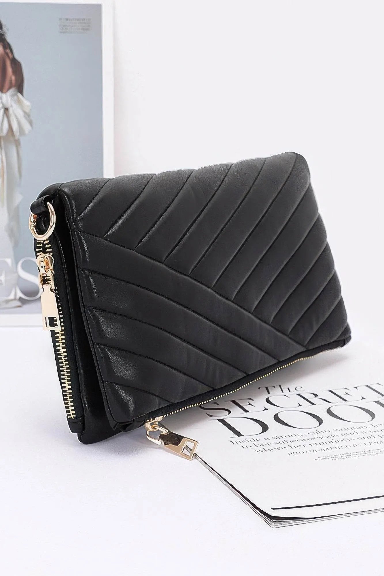 Quilted Faux Leather Half Folded Cltuch - Bona Fide Fashion
