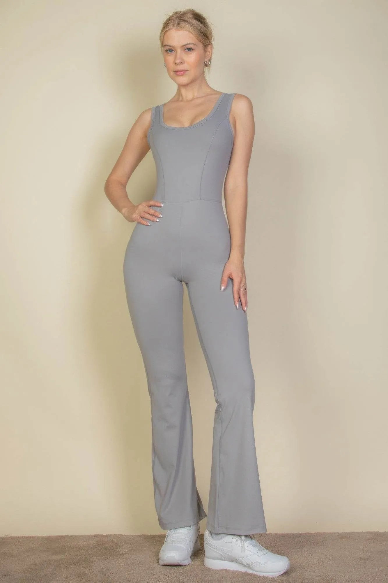 Solid Flare Leg Sports Jumpsuit - Bona Fide Fashion