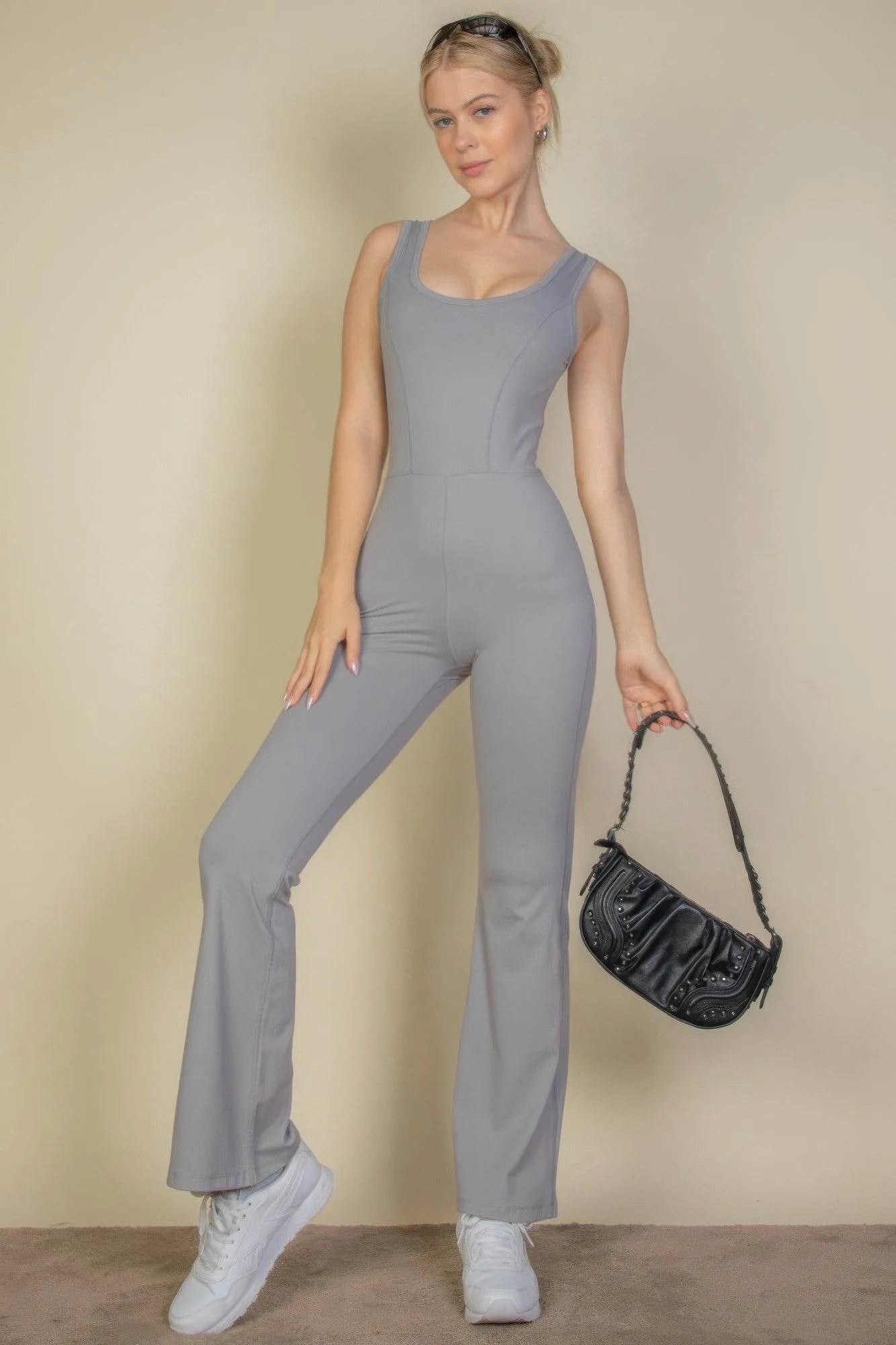 Solid Flare Leg Sports Jumpsuit - Bona Fide Fashion