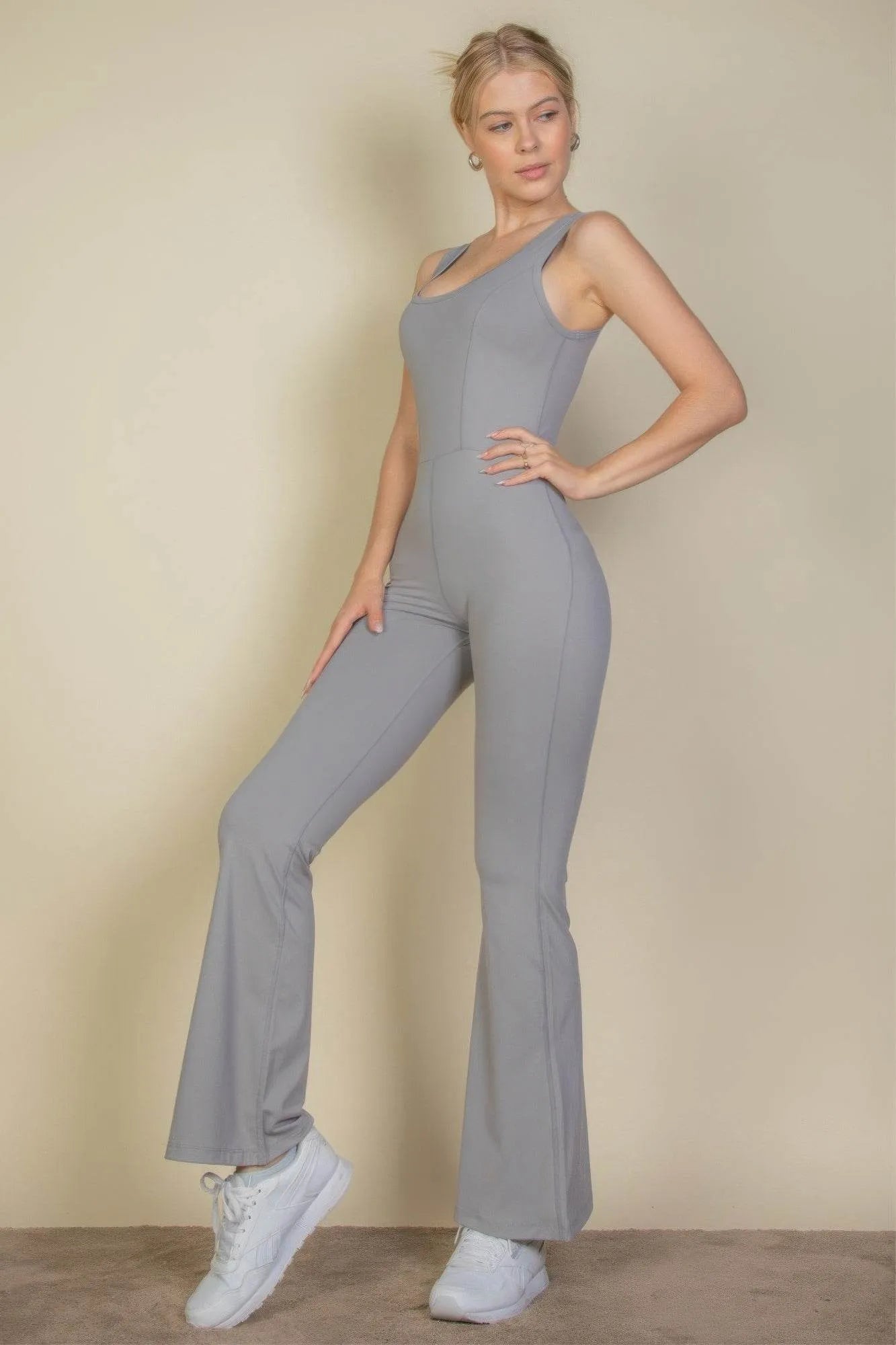 Solid Flare Leg Sports Jumpsuit - Bona Fide Fashion
