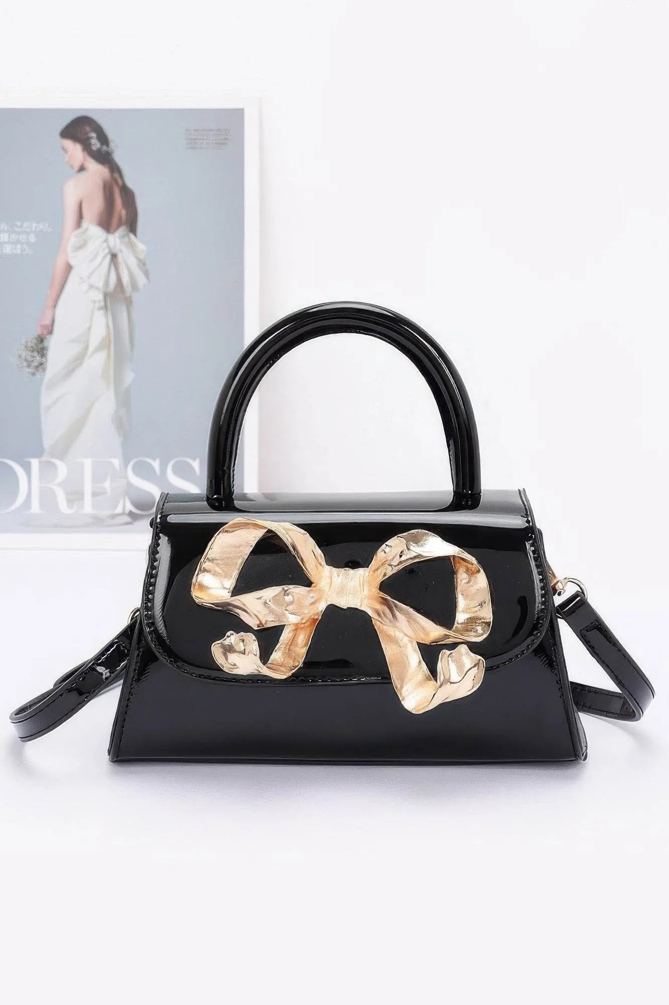 Faux Leather Metal Ribbon Top Handle Bag - Bona Fide Fashion