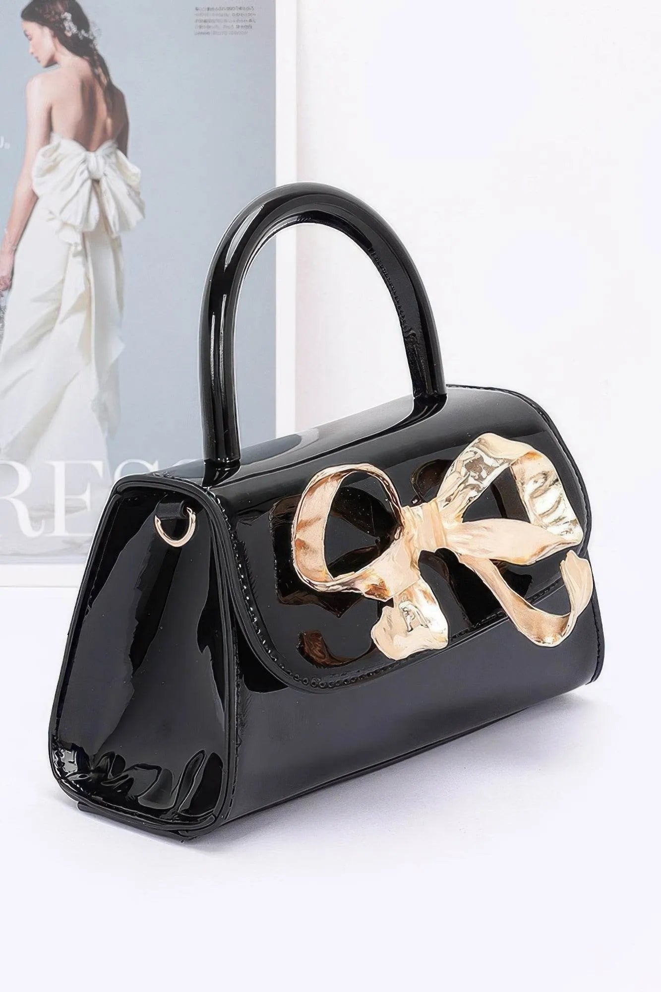 Faux Leather Metal Ribbon Top Handle Bag - Bona Fide Fashion