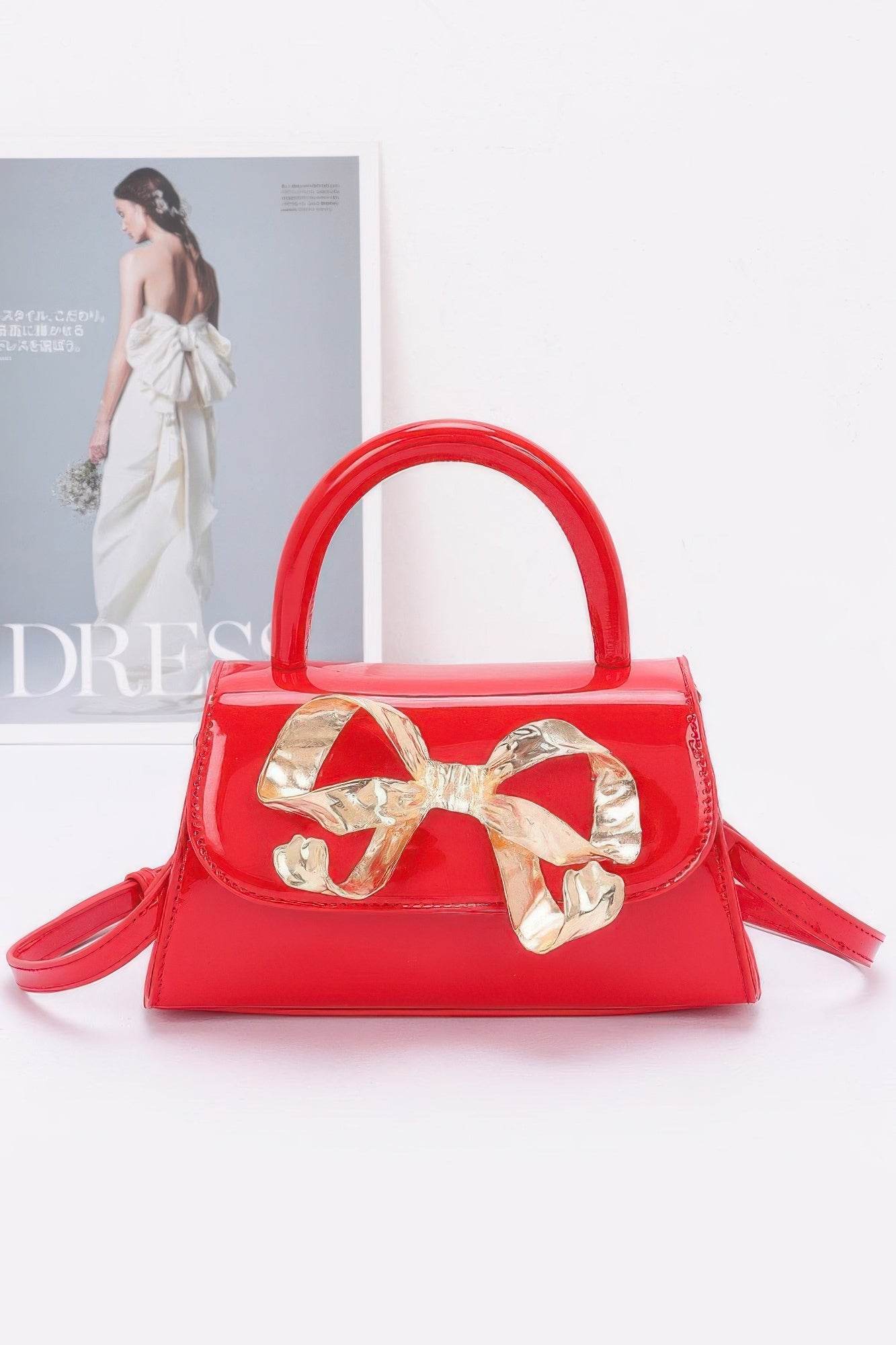 Faux Leather Metal Ribbon Top Handle Bag - Bona Fide Fashion