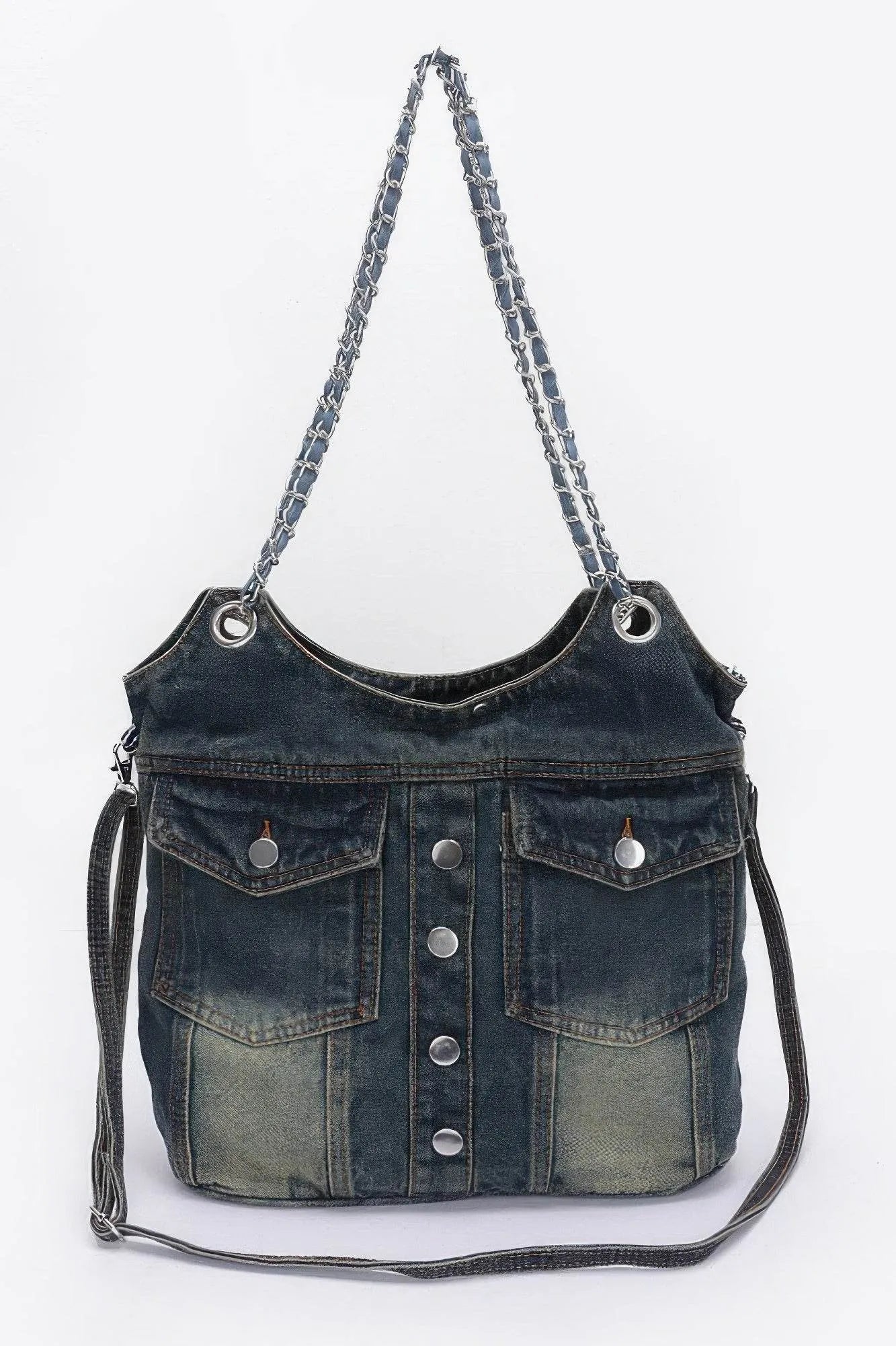 Washed Denim Double Pockets Tote Bag - Bona Fide Fashion