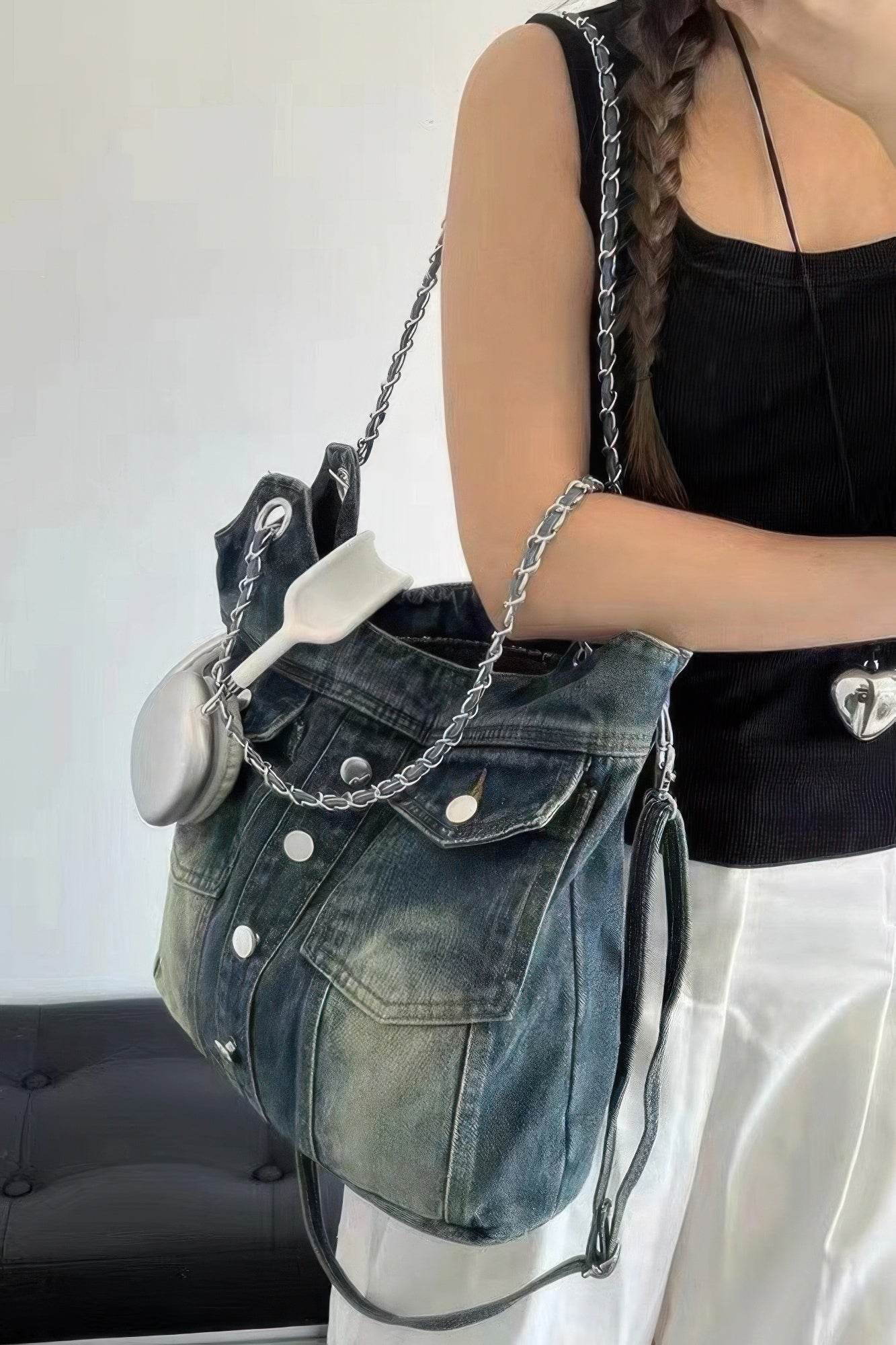 Washed Denim Double Pockets Tote Bag - Bona Fide Fashion