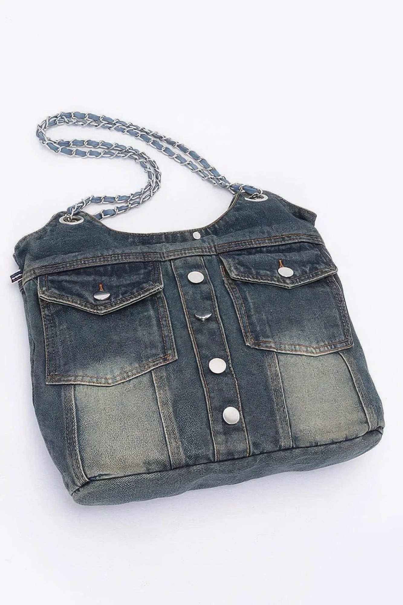Washed Denim Double Pockets Tote Bag - Bona Fide Fashion
