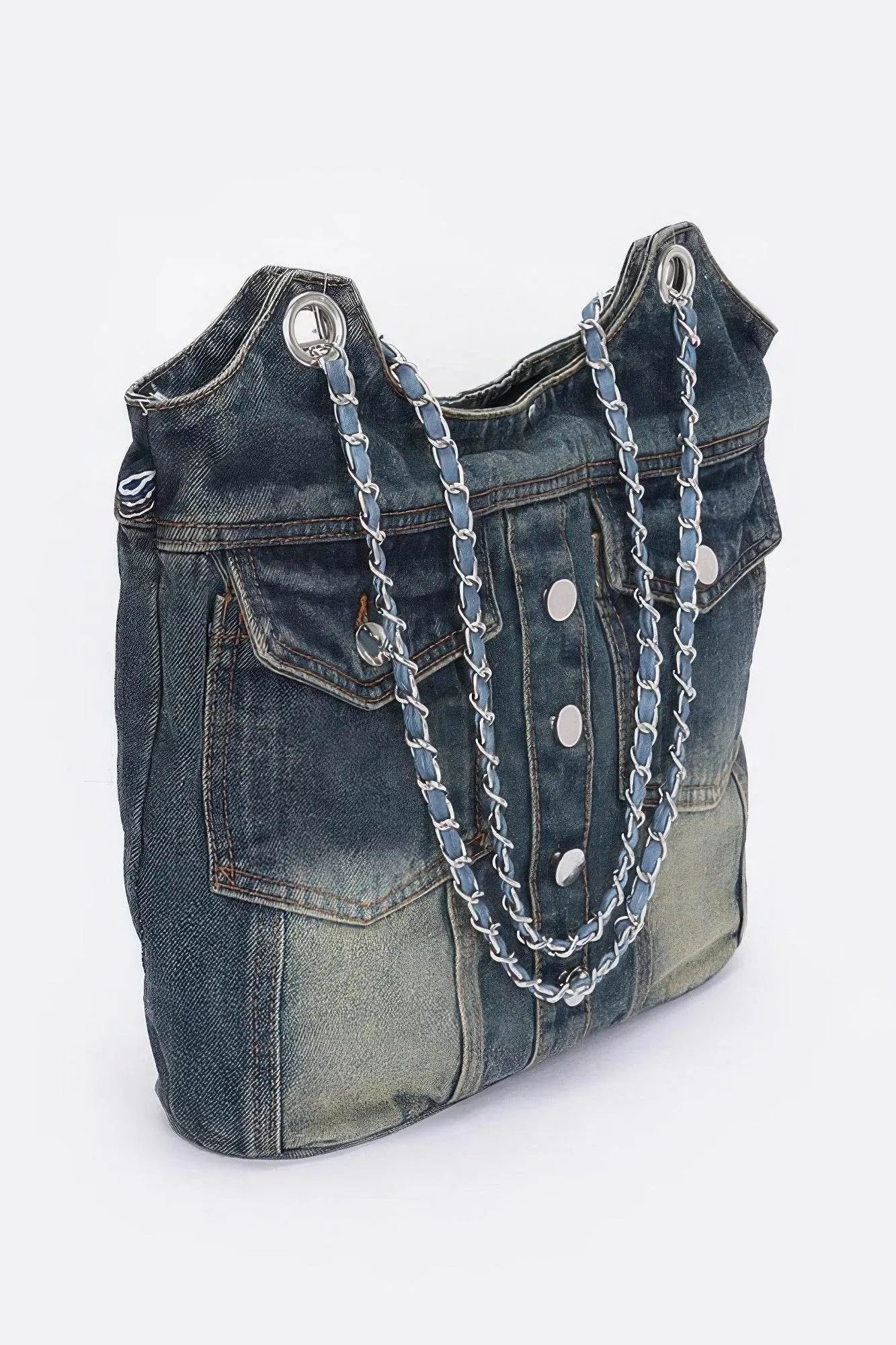 Washed Denim Double Pockets Tote Bag - Bona Fide Fashion
