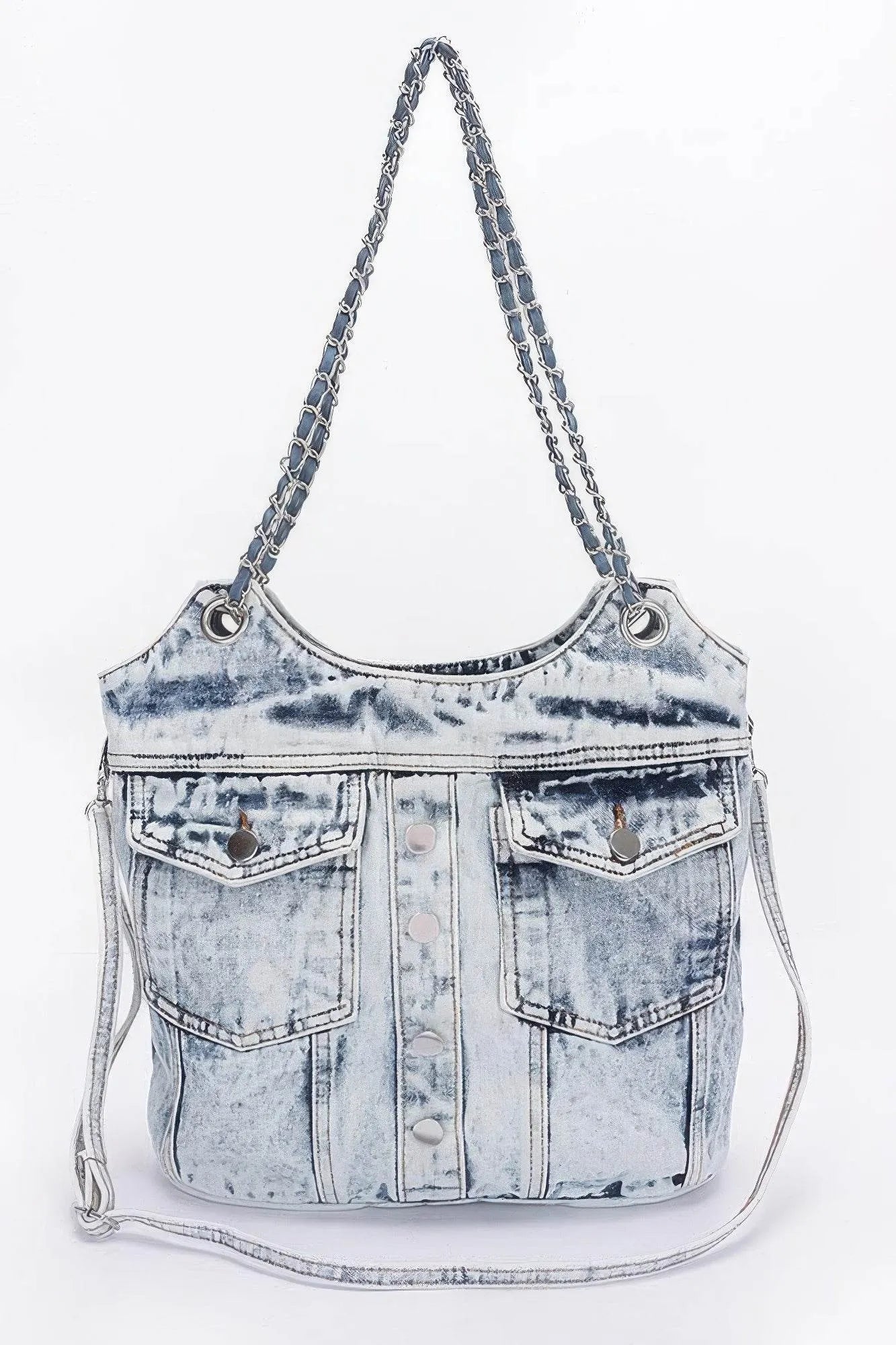 Washed Denim Double Pockets Tote Bag - Bona Fide Fashion
