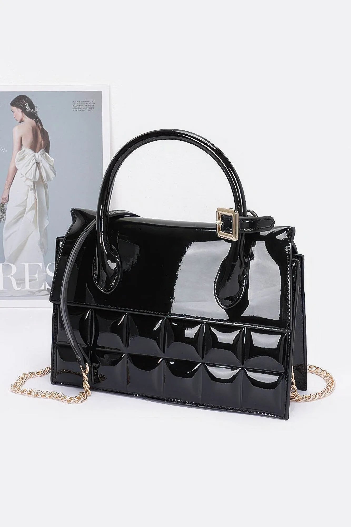 Embossed Enamel Top Handle Bag - Bona Fide Fashion