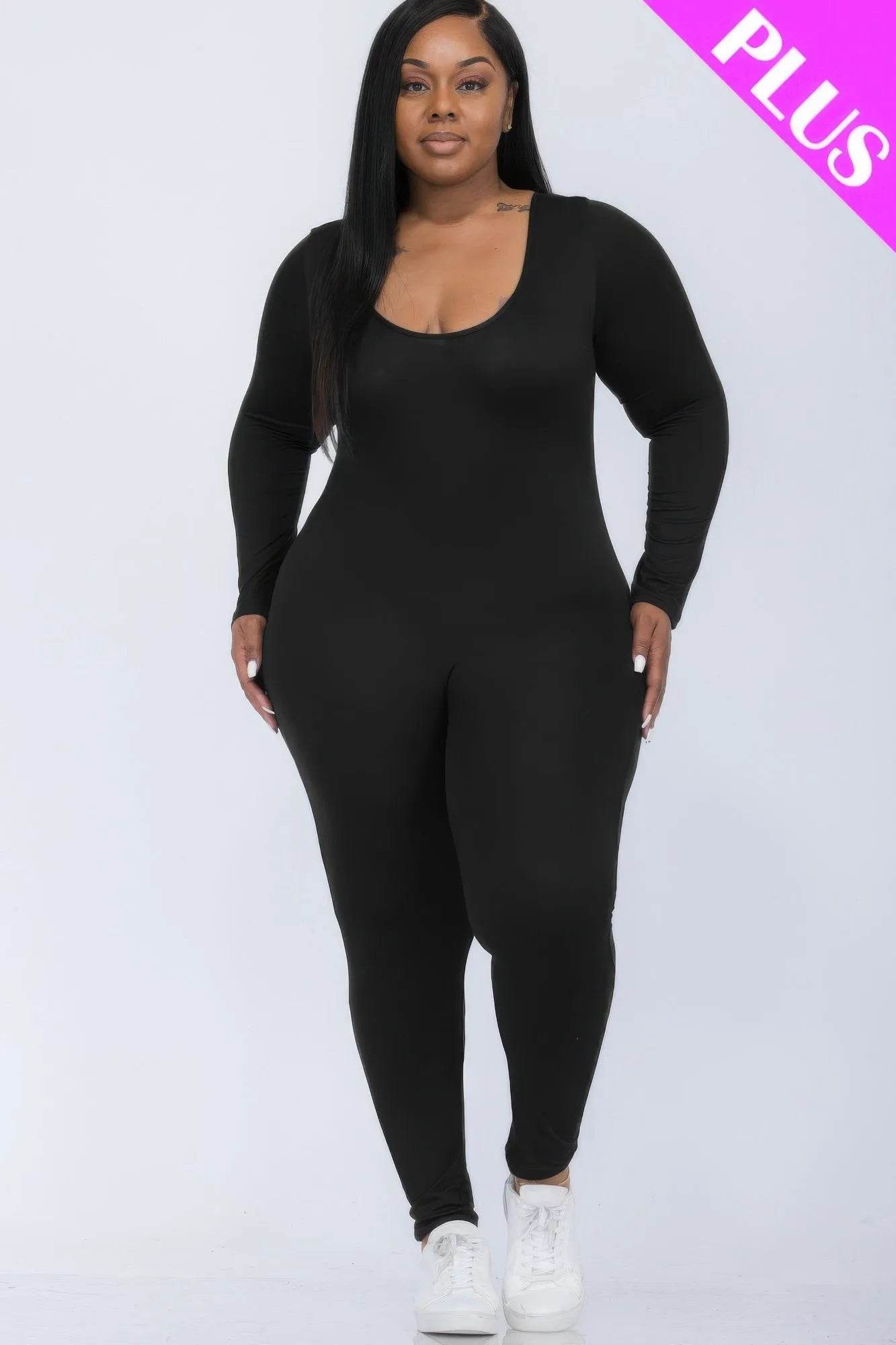 Plus Size Scoop Neck Long Sleeve Bodycon Jumpsuit - Bona Fide Fashion