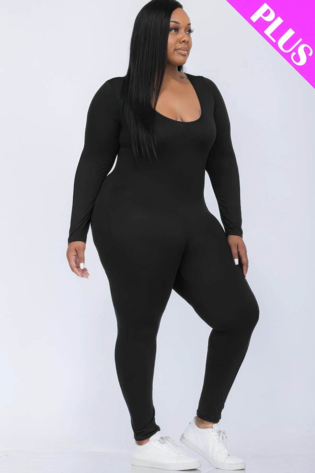 Plus Size Scoop Neck Long Sleeve Bodycon Jumpsuit - Bona Fide Fashion