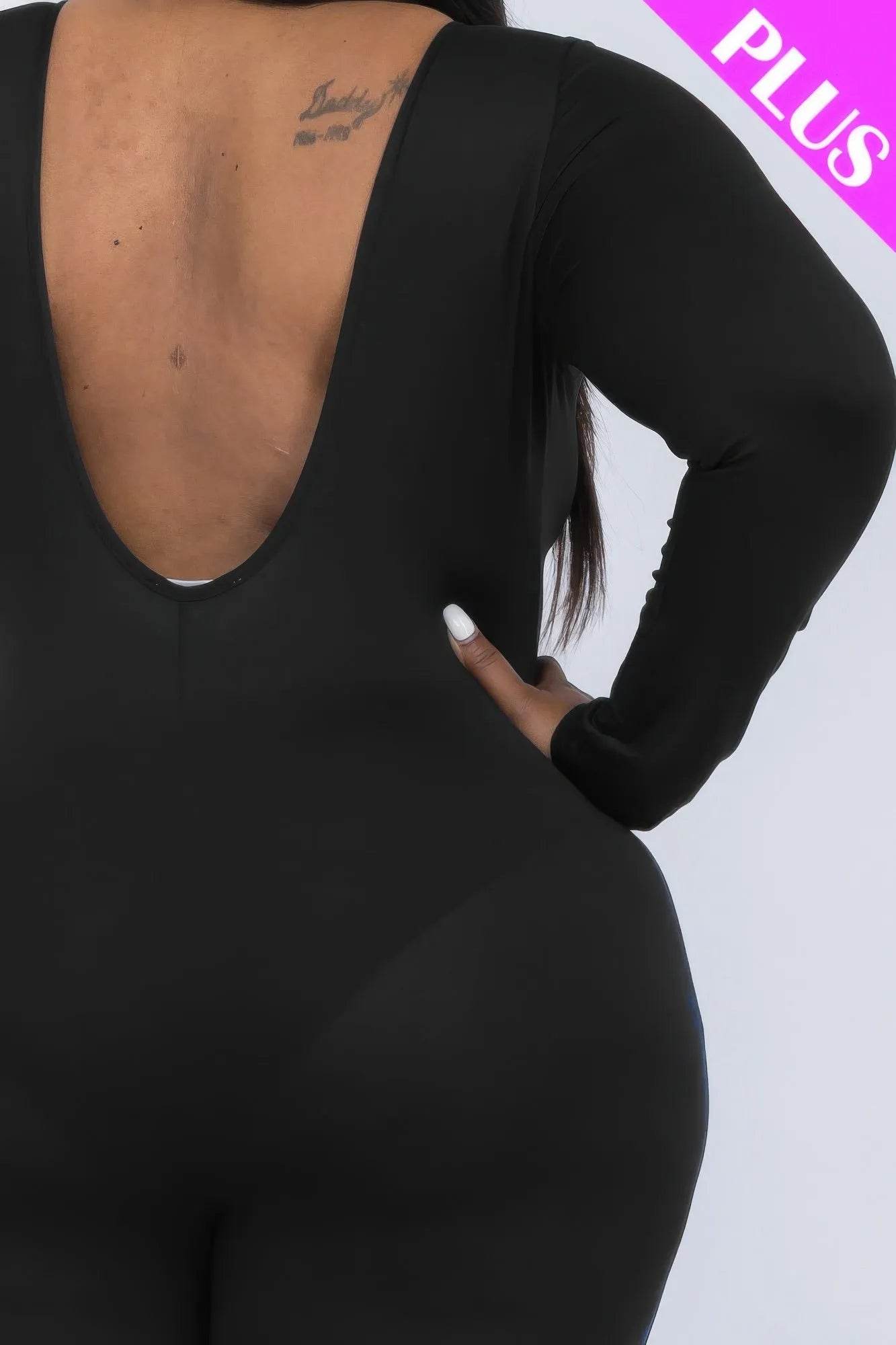 Plus Size Scoop Neck Long Sleeve Bodycon Jumpsuit - Bona Fide Fashion