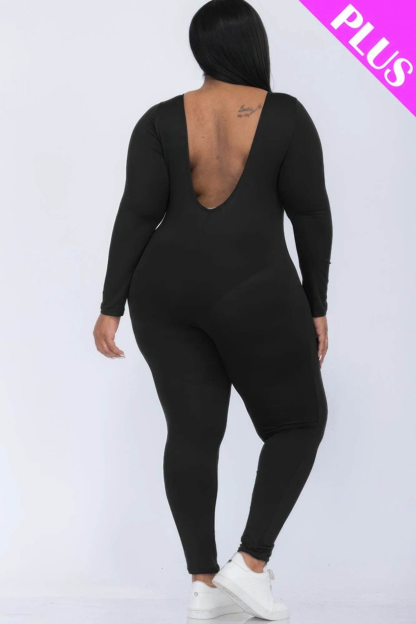 Plus Size Scoop Neck Long Sleeve Bodycon Jumpsuit - Bona Fide Fashion