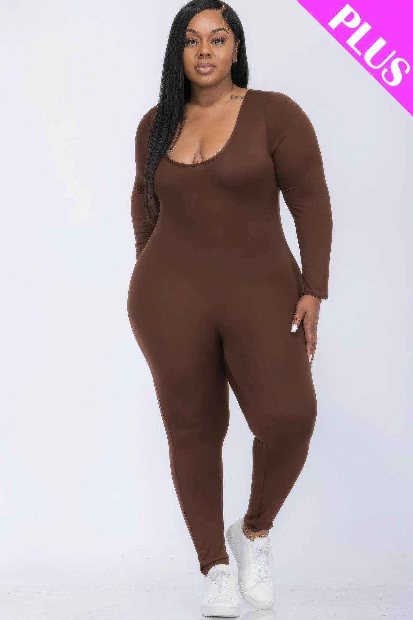 Plus Size Scoop Neck Long Sleeve Bodycon Jumpsuit - Bona Fide Fashion