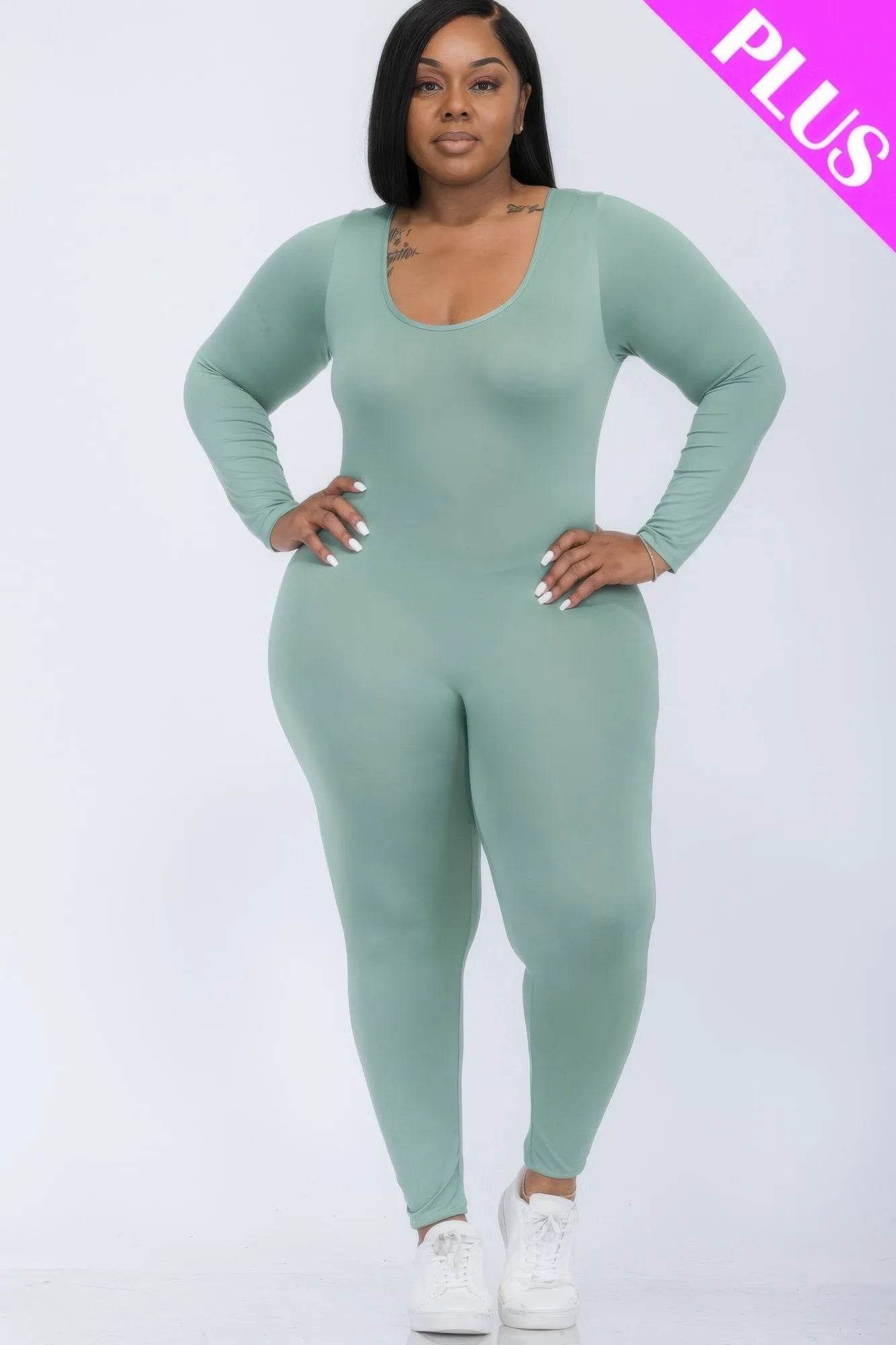 Plus Size Scoop Neck Long Sleeve Bodycon Jumpsuit - Bona Fide Fashion