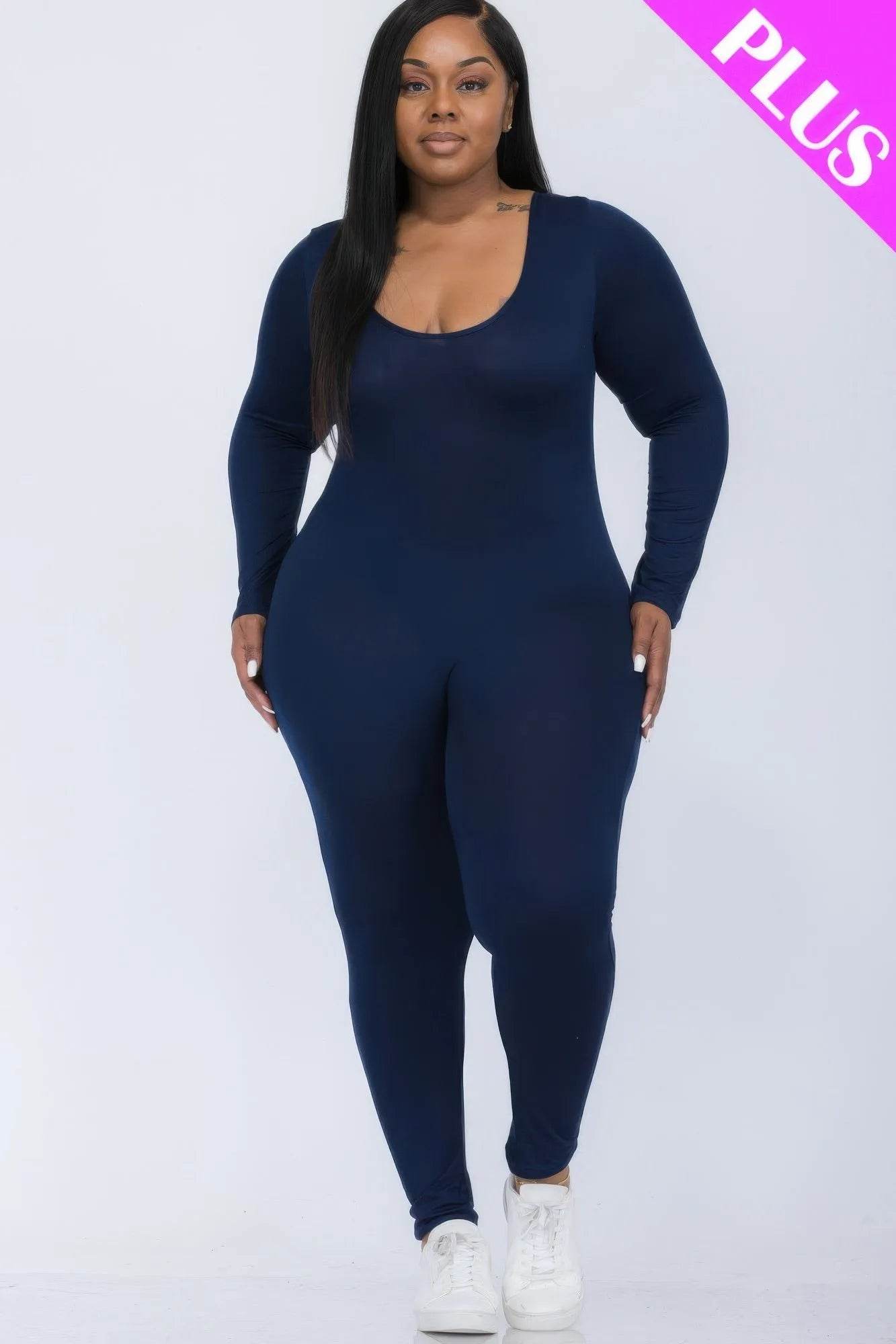 Plus Size Scoop Neck Long Sleeve Bodycon Jumpsuit - Bona Fide Fashion