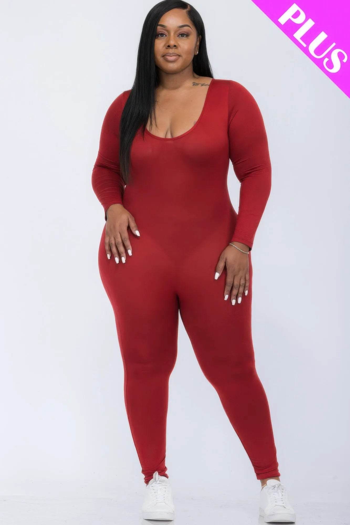 Plus Size Scoop Neck Long Sleeve Bodycon Jumpsuit - Bona Fide Fashion