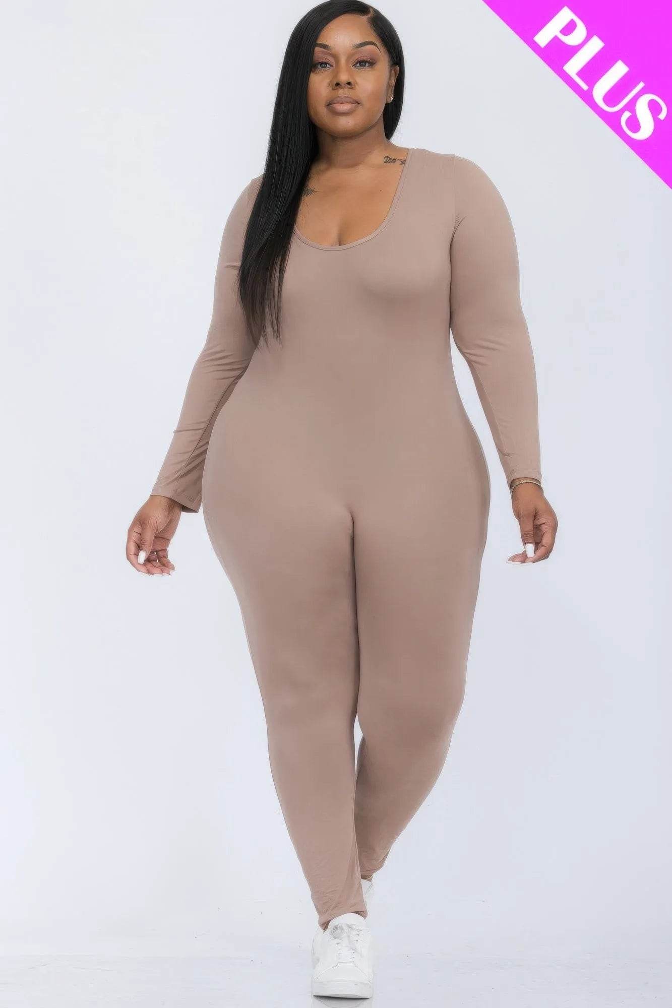 Plus Size Scoop Neck Long Sleeve Bodycon Jumpsuit - Bona Fide Fashion