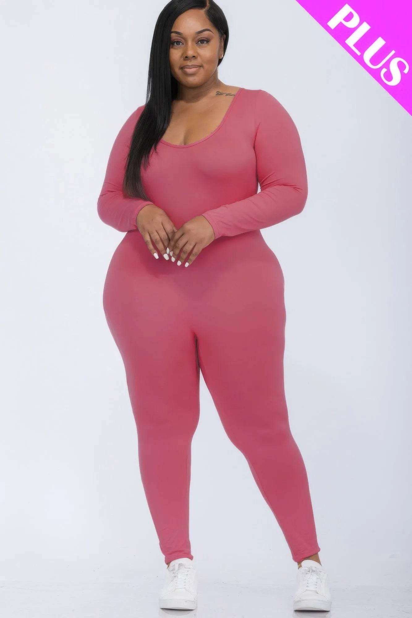 Plus Size Scoop Neck Long Sleeve Bodycon Jumpsuit - Bona Fide Fashion