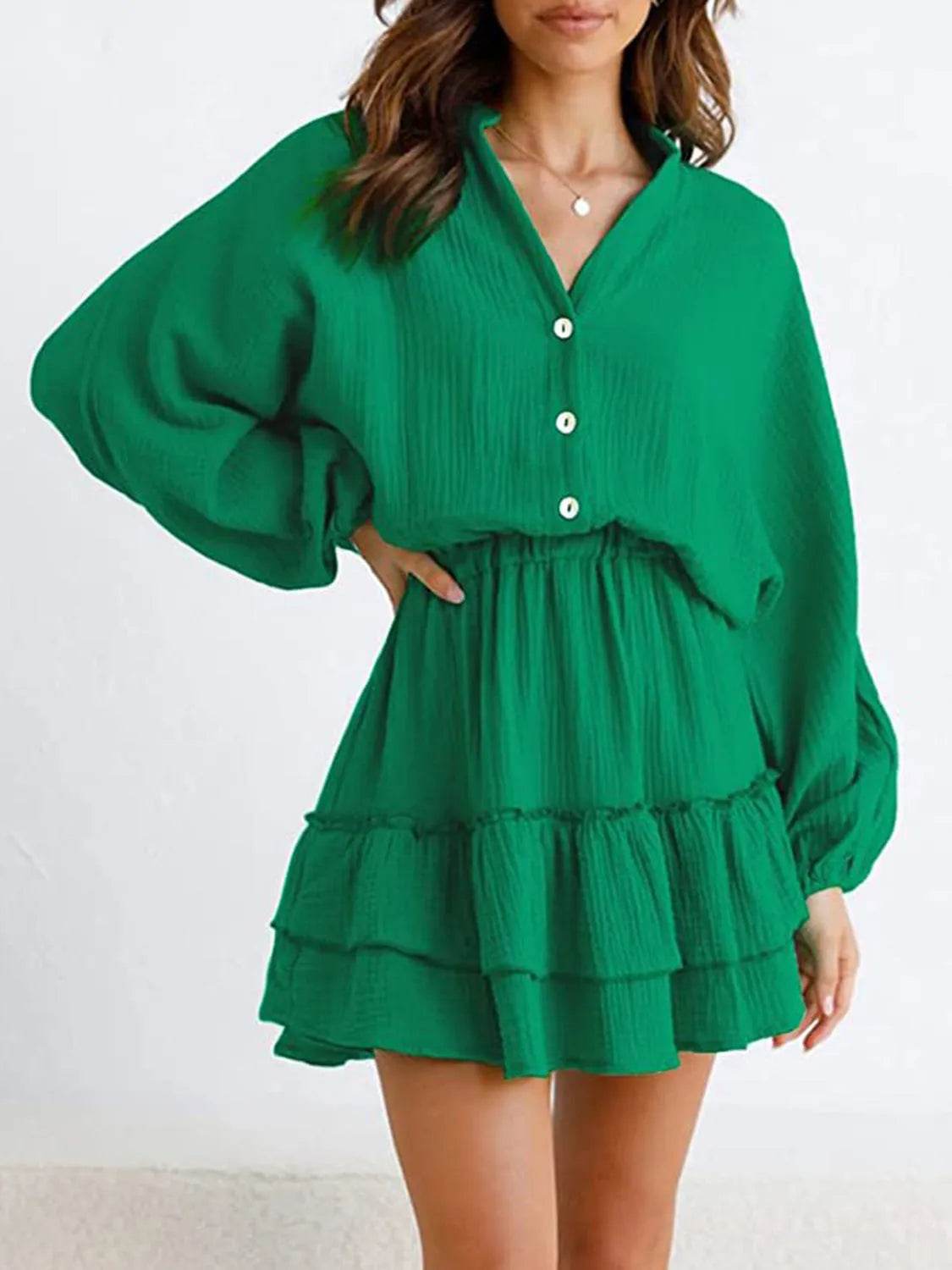 Ruffled Notched Balloon Sleeve Mini Dress - Bona Fide Fashion