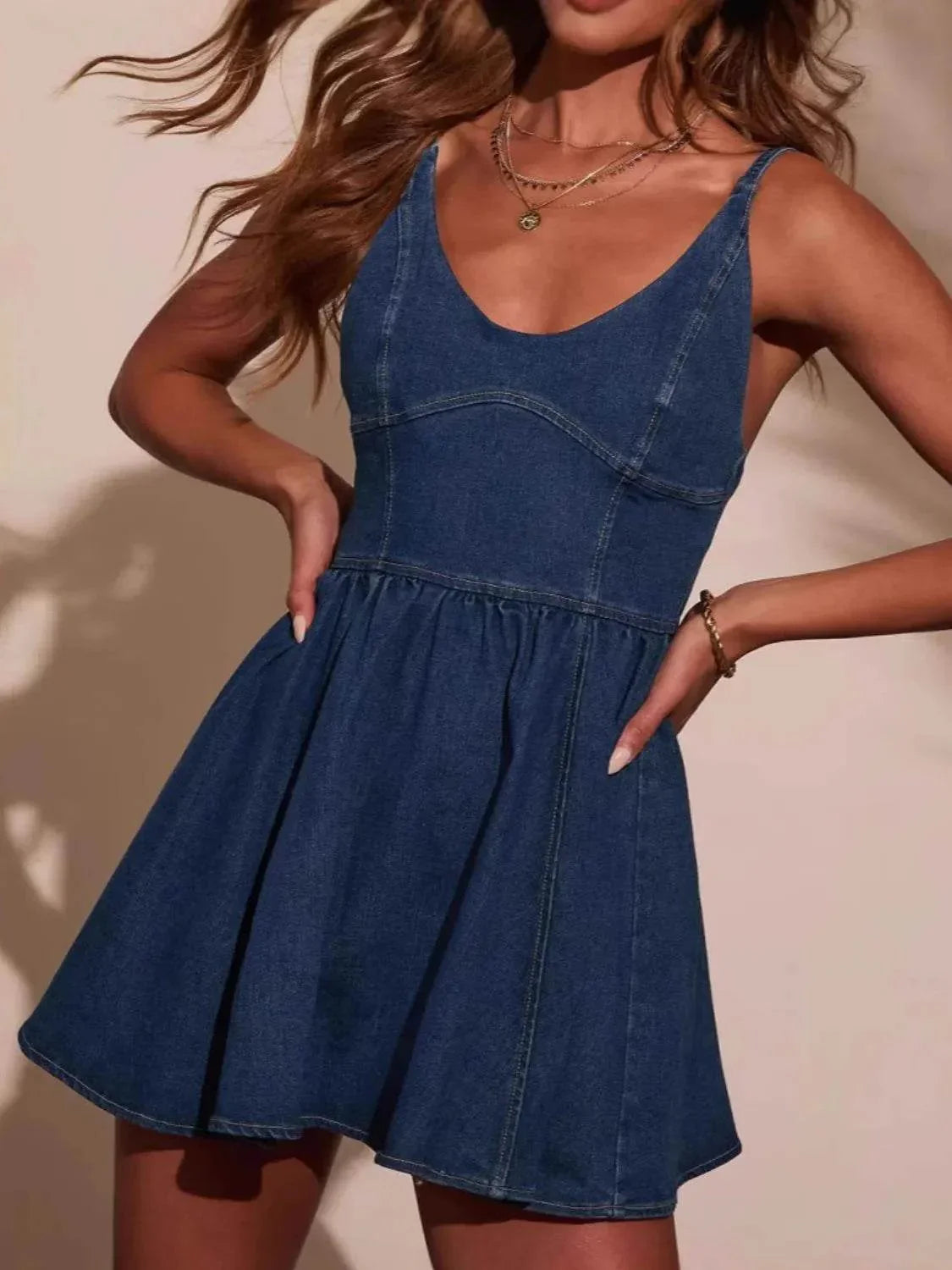 Smocked Back Adjustable Strap Denim Mini Dress - Bona Fide Fashion