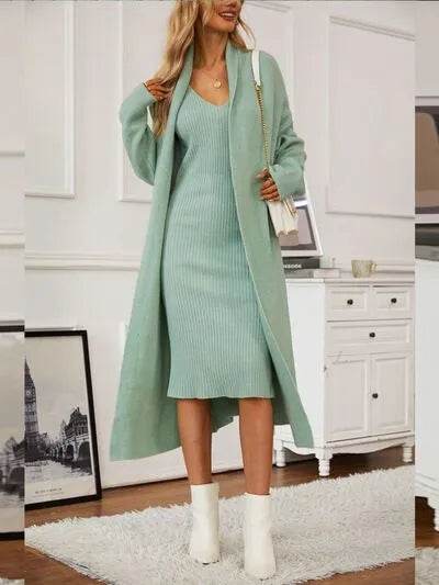 V-Neck Cami Dress and Open Front Cardigan Sweater Set - Bona Fide Fashion