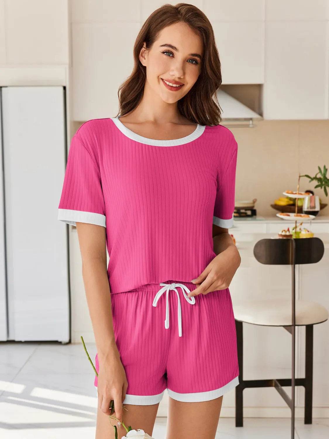 Ribbed Round Neck Top and Shorts Set - Bona Fide Fashion