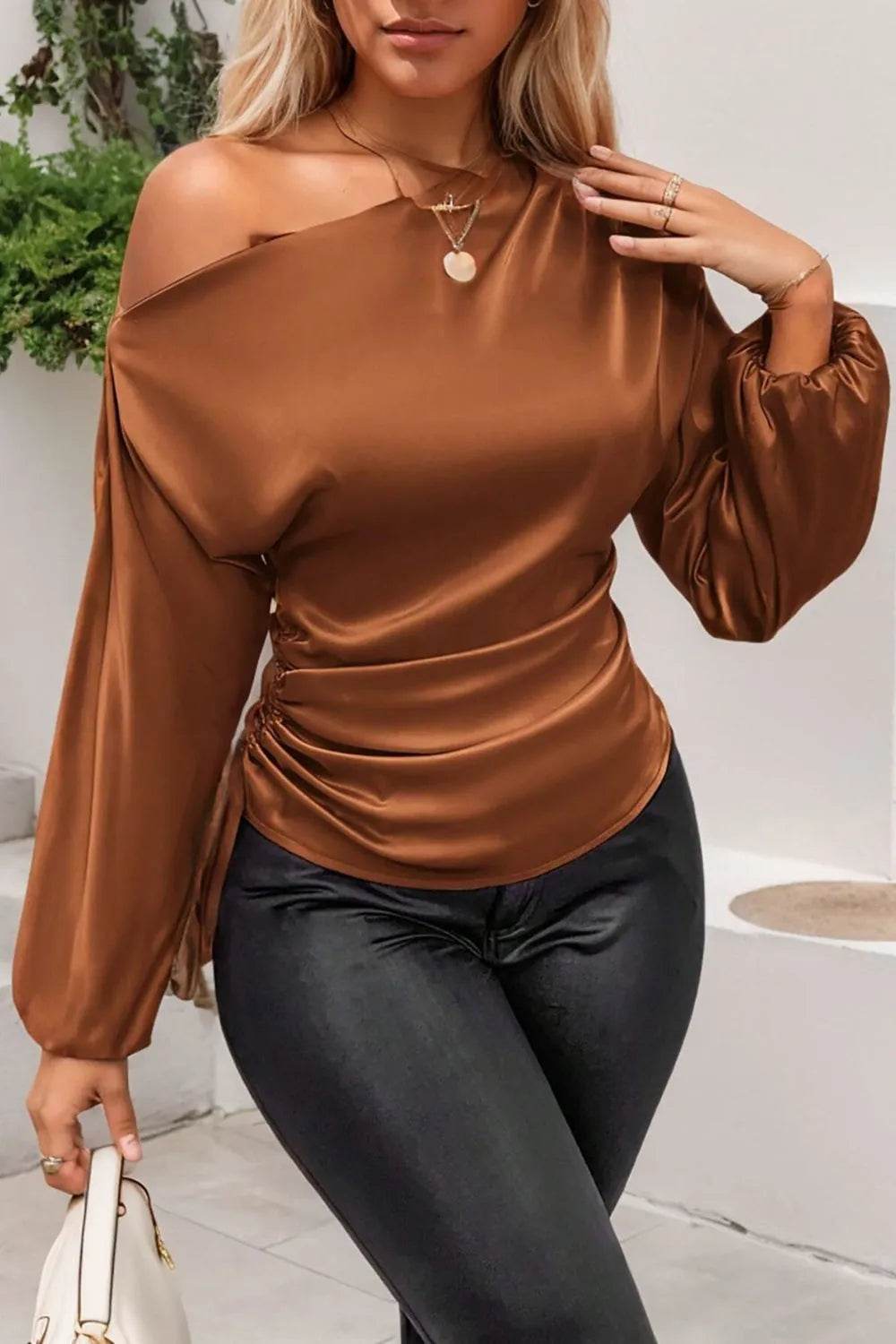Drawstring One Shoulder Long Sleeve Blouse - Bona Fide Fashion