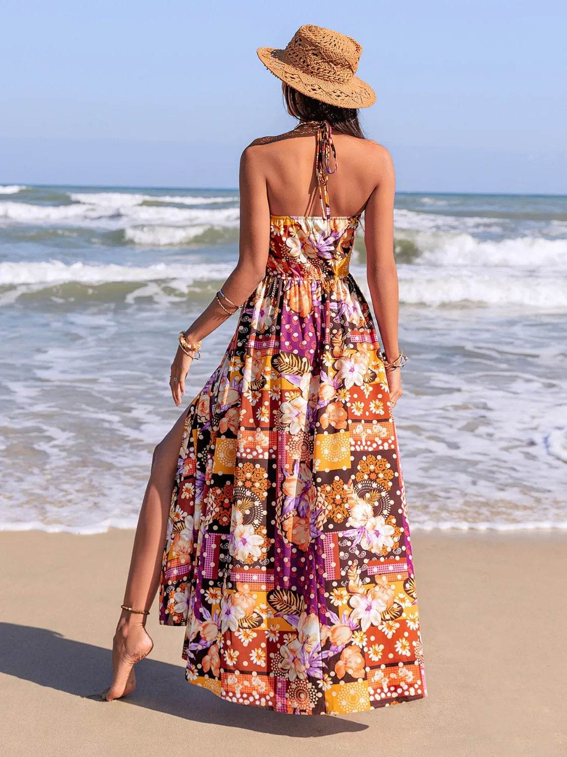 Slit Printed Halter Neck Cami Dress - Bona Fide Fashion
