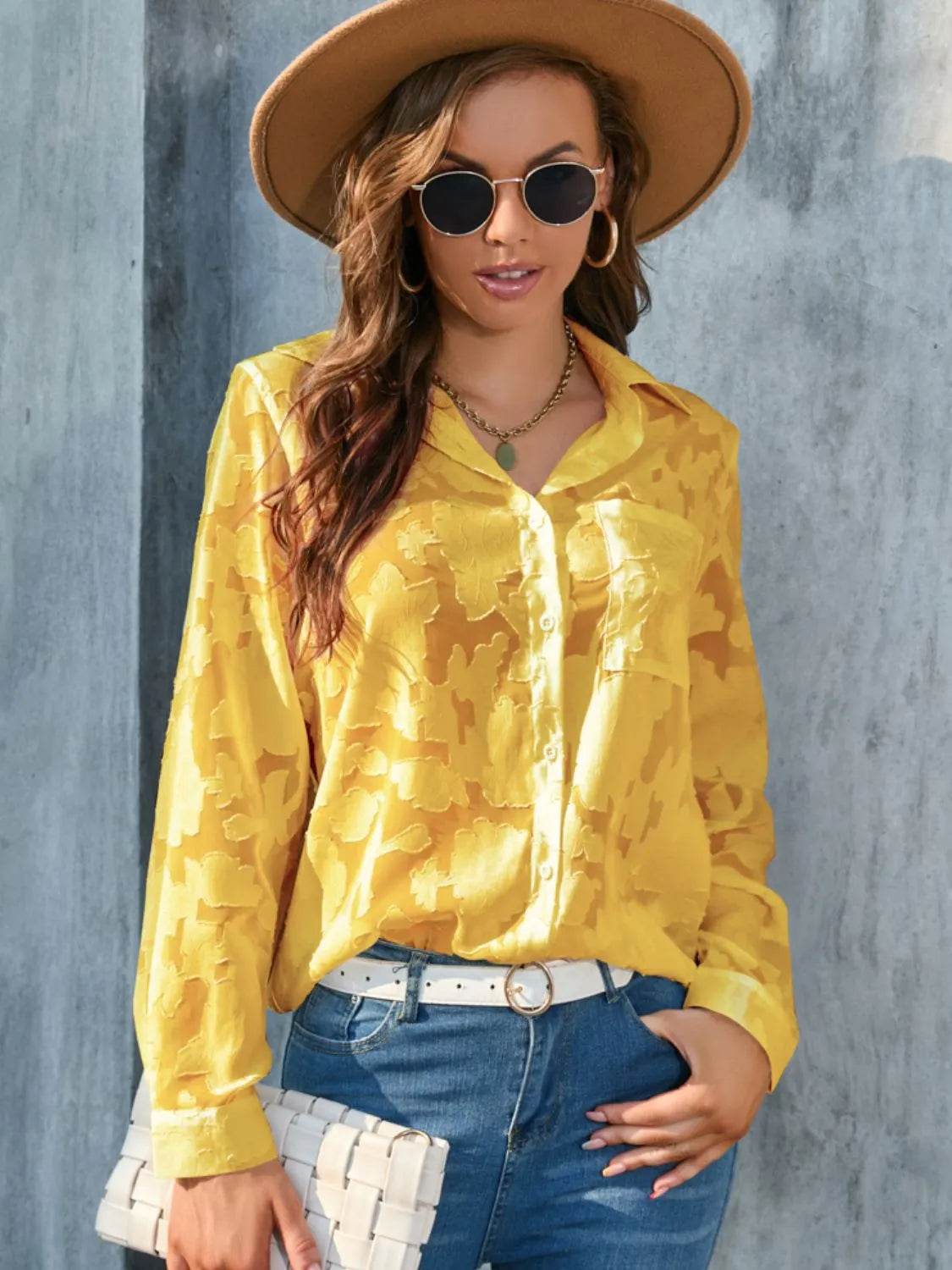 Full Size Collared Neck Long Sleeve Shirt Plus Size - Bona Fide Fashion