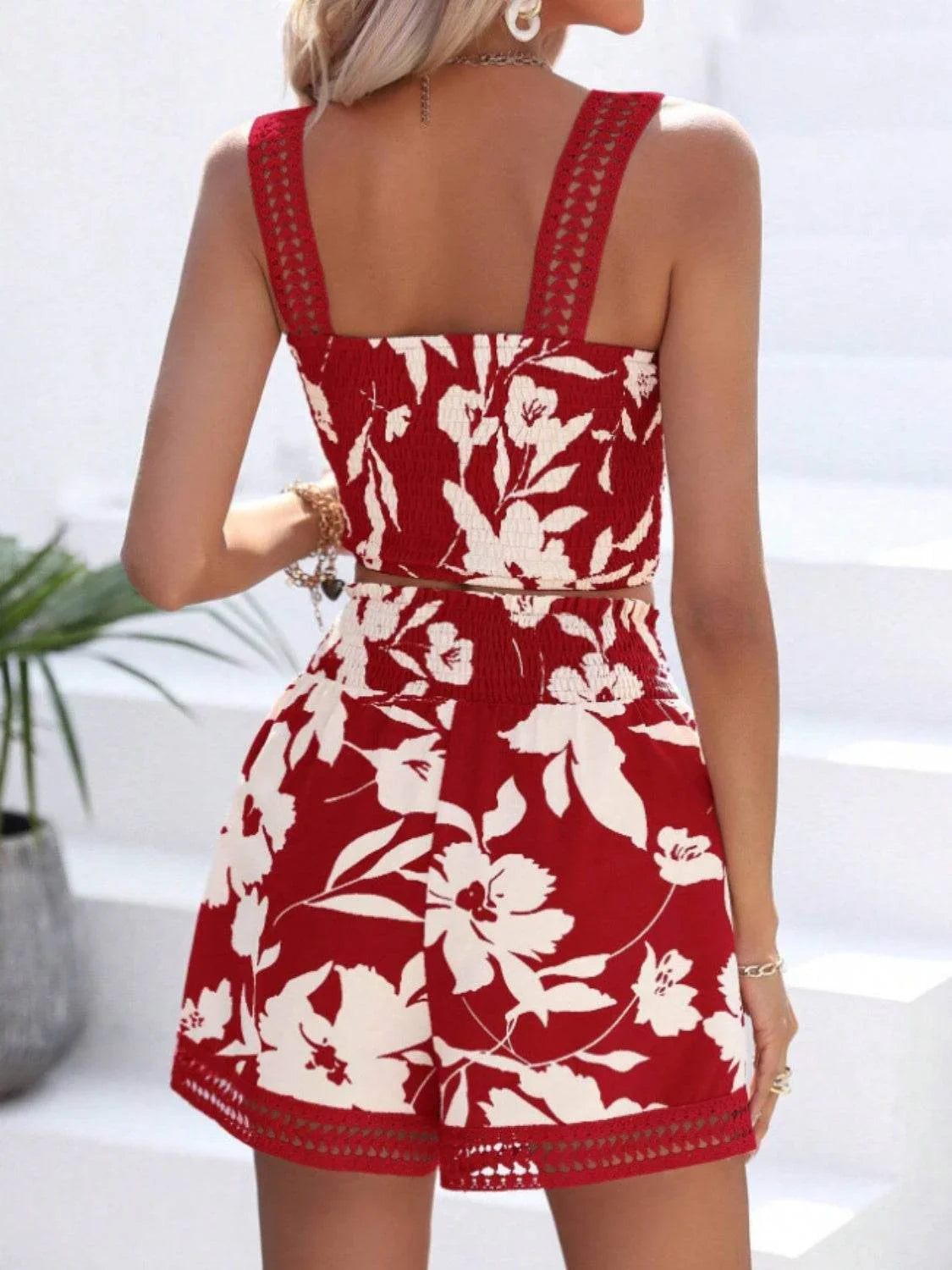 Smocked Printed Square Neck Top and Shorts Set - Bona Fide Fashion