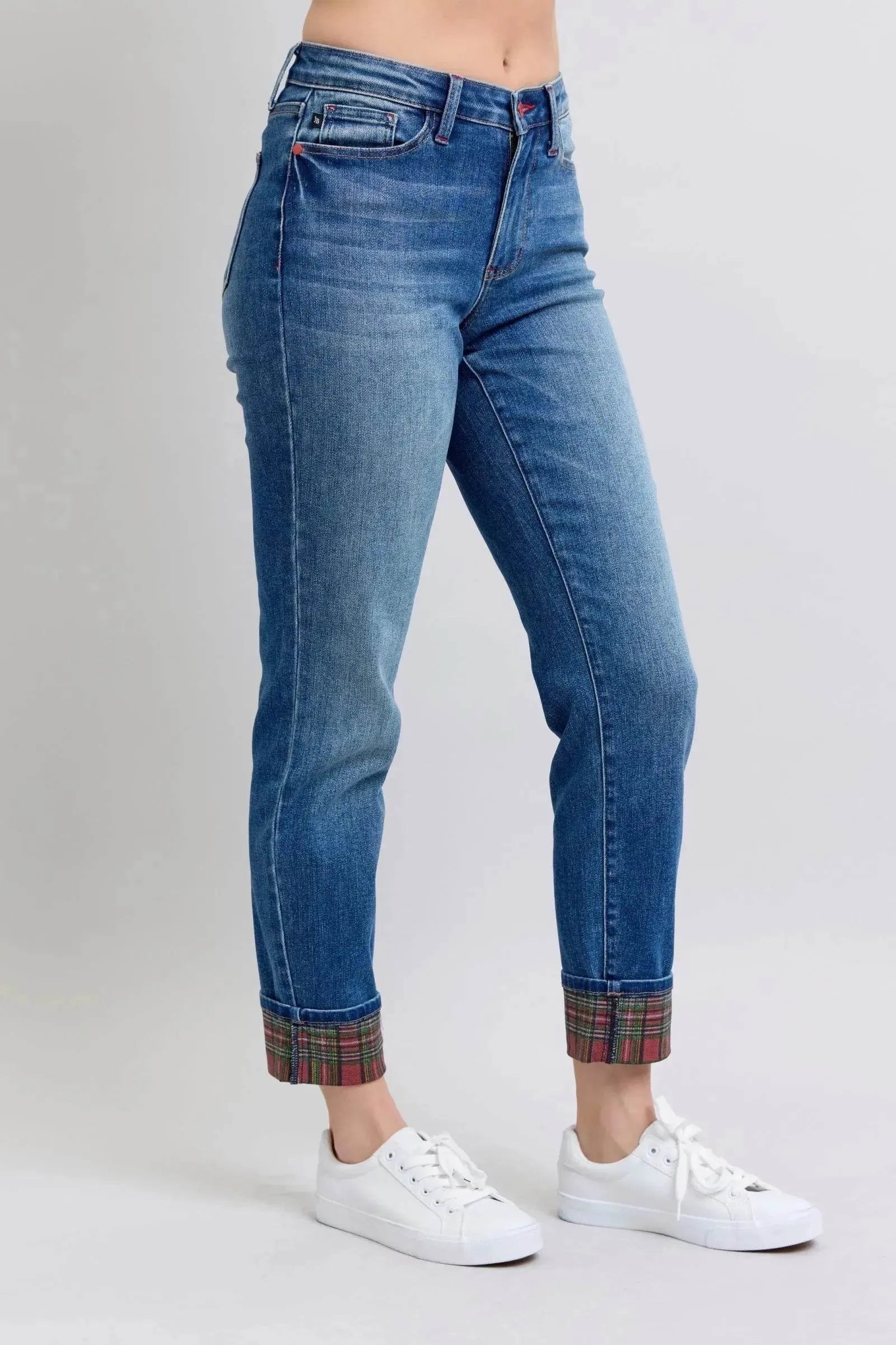 Judy Blue Full Size Plaid Print Cuff Straight Leg Jeans with Pockets - Bona Fide Fashion