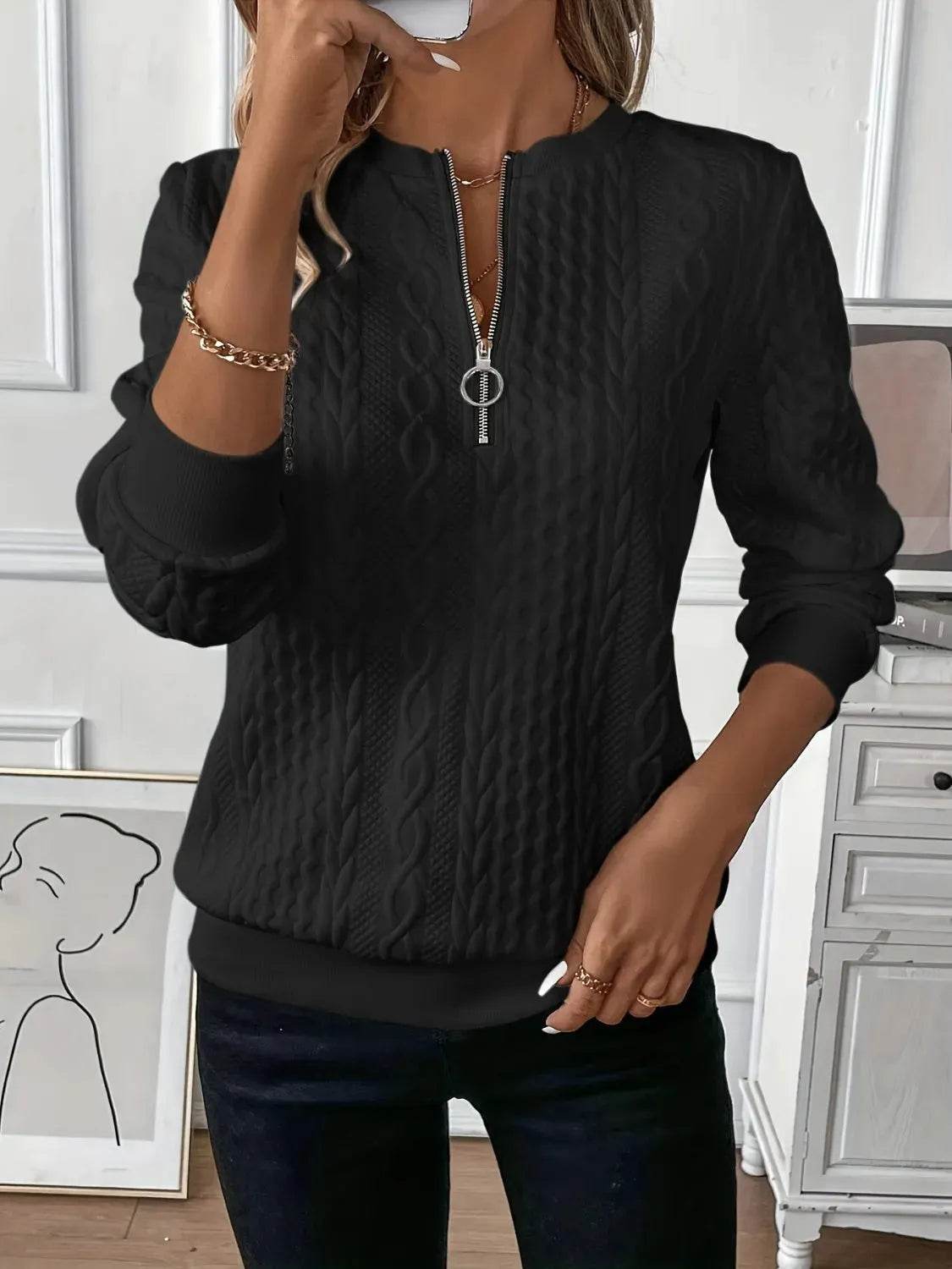 Texture Half Zip Long Sleeve Sweatshirt - Bona Fide Fashion