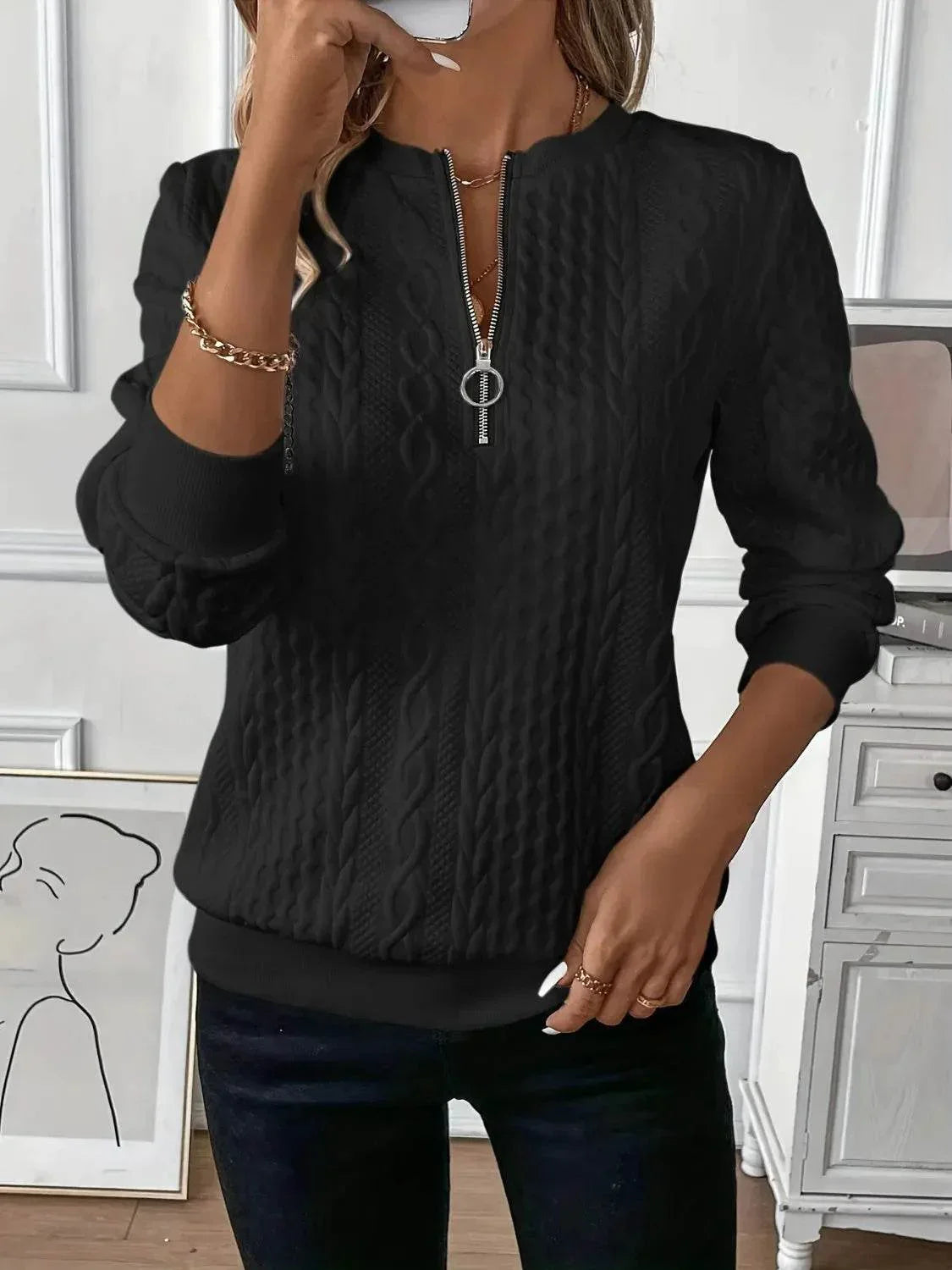 Texture Half Zip Long Sleeve Sweatshirt - Bona Fide Fashion