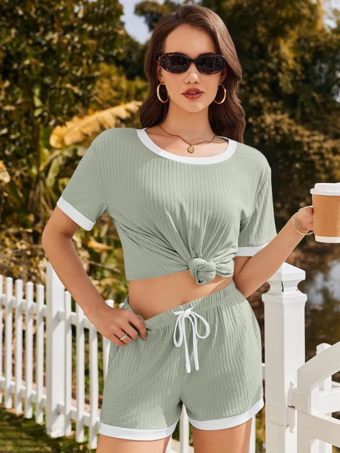 Ribbed Short Sleeve Top and Shorts Set - Bona Fide Fashion