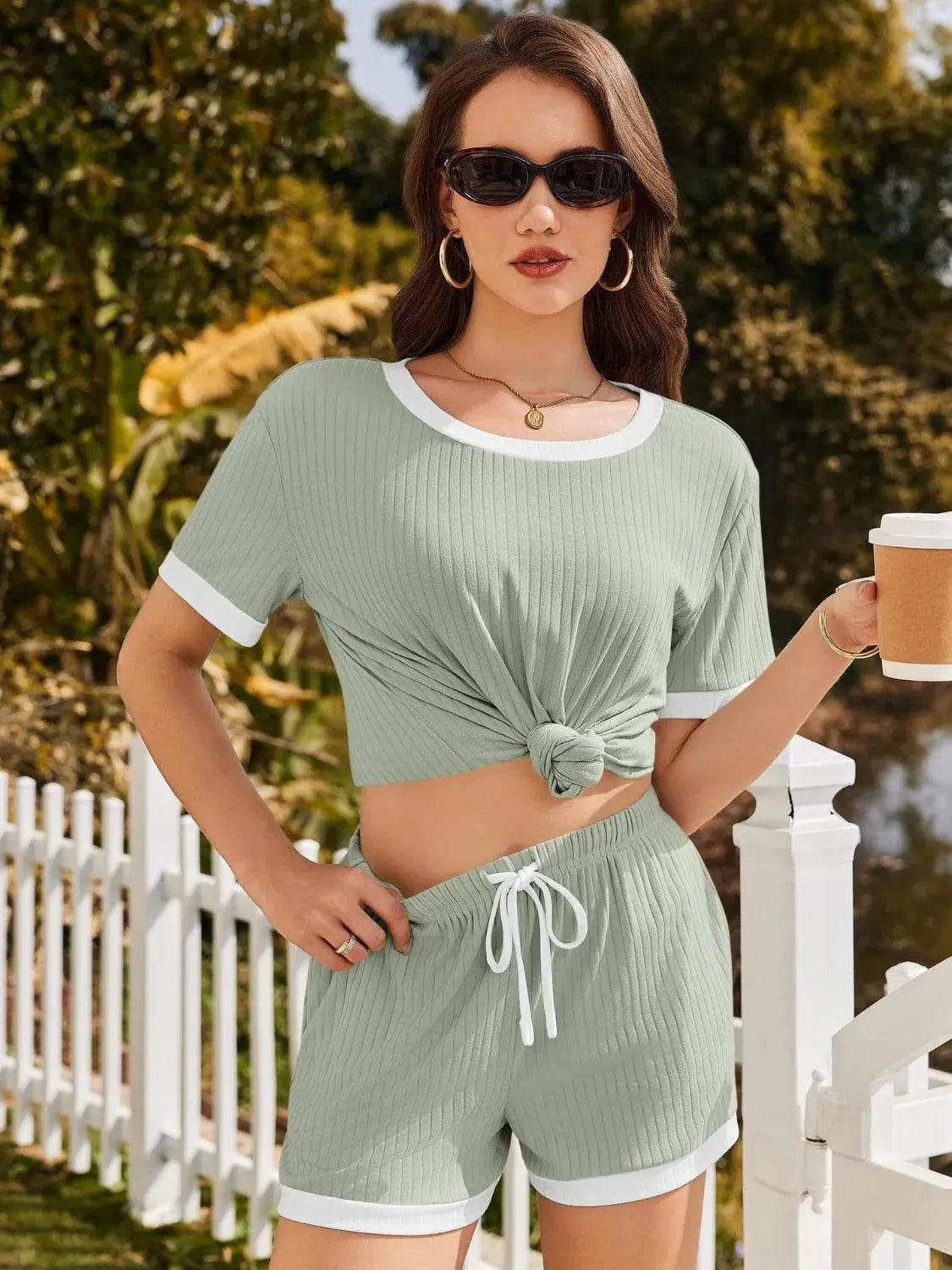 Ribbed Short Sleeve Top and Shorts Set - Bona Fide Fashion