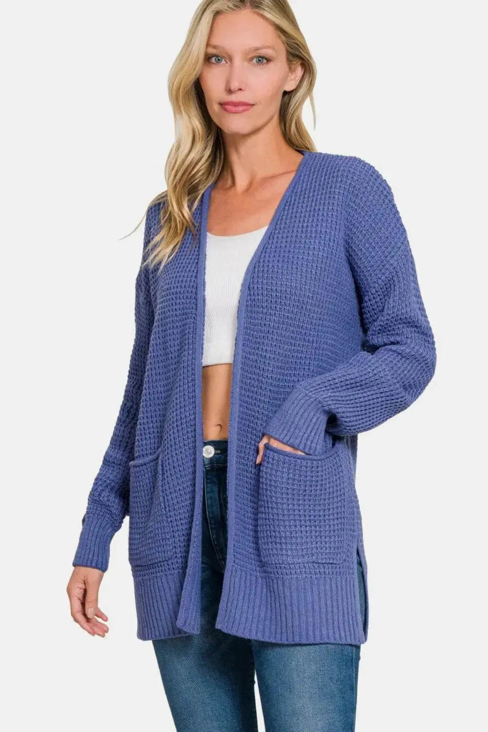 Zenana Waffle Open Front Sweater Cardigan - Bona Fide Fashion