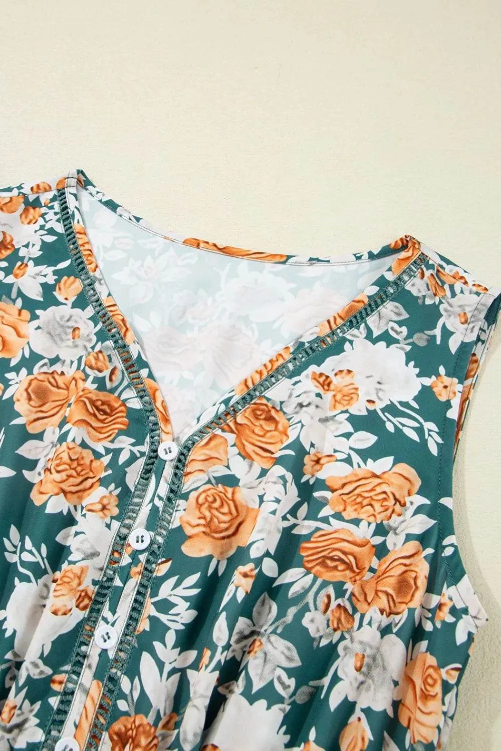 Floral Print Trimmed V Neck Tie Waist Sleeveless Dress - Bona Fide Fashion