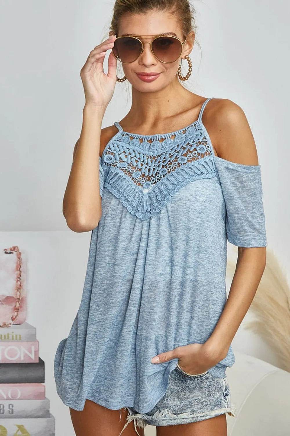 BiBi Front Crochet Lace Adjustable Strap Top - Bona Fide Fashion