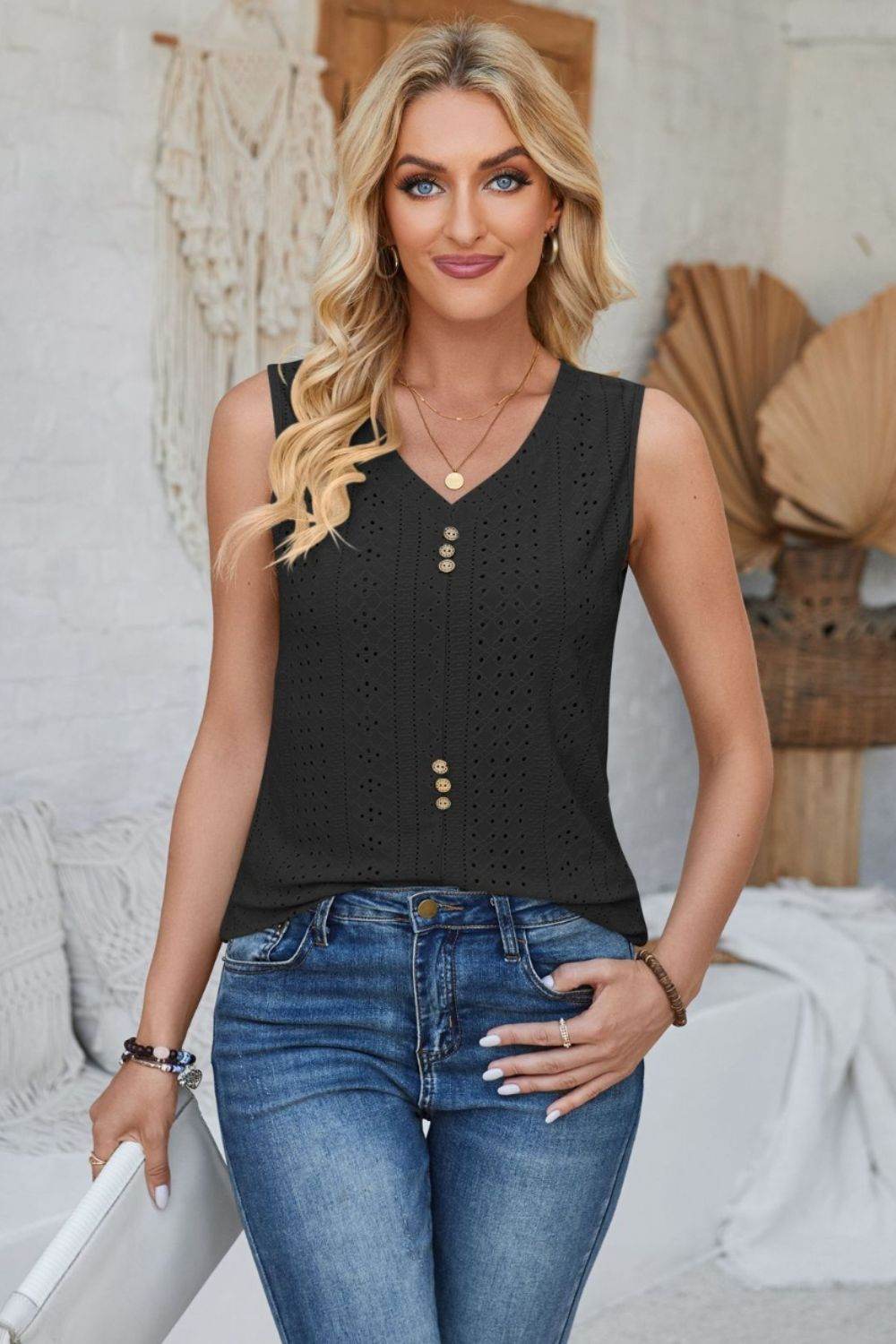 Eyelet Decorative Button V-Neck Tank - Bona Fide Fashion