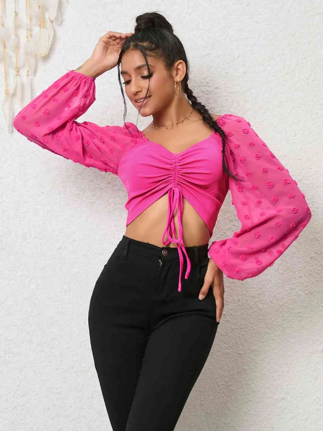 Swiss Dot Drawstring Cropped Blouse - Bona Fide Fashion