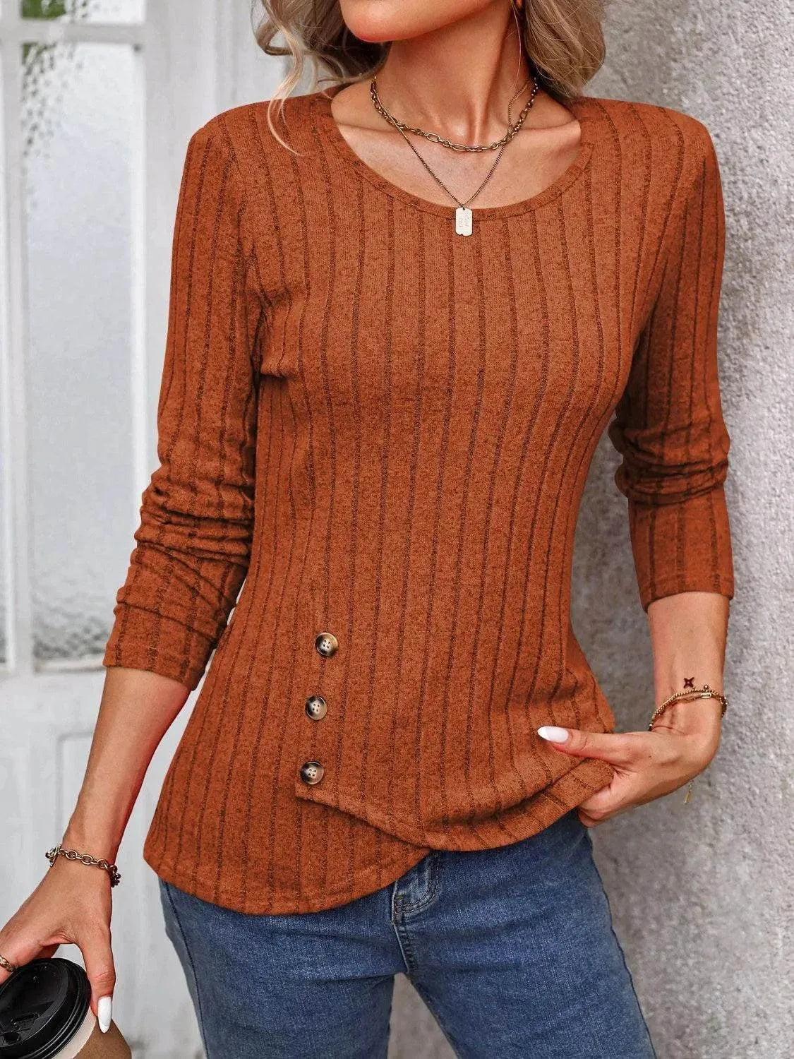 Decorative Button Round Neck Long Sleeve T-Shirt - Bona Fide Fashion