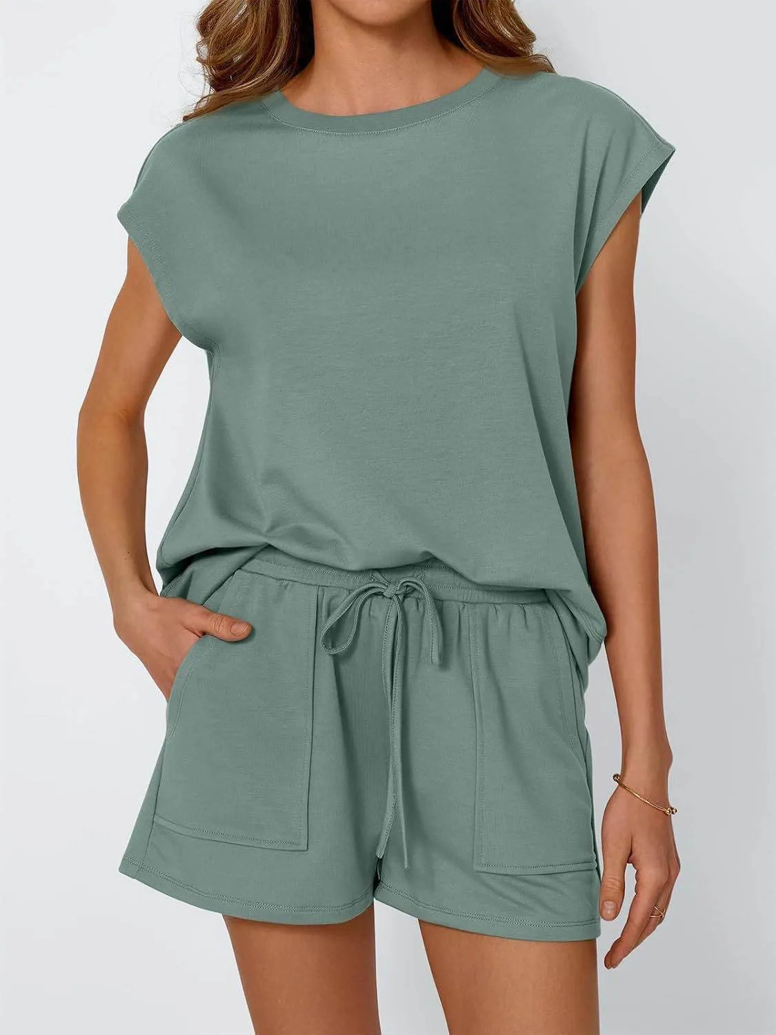 Round Neck Cap Sleeve Top and Shorts Set - Bona Fide Fashion
